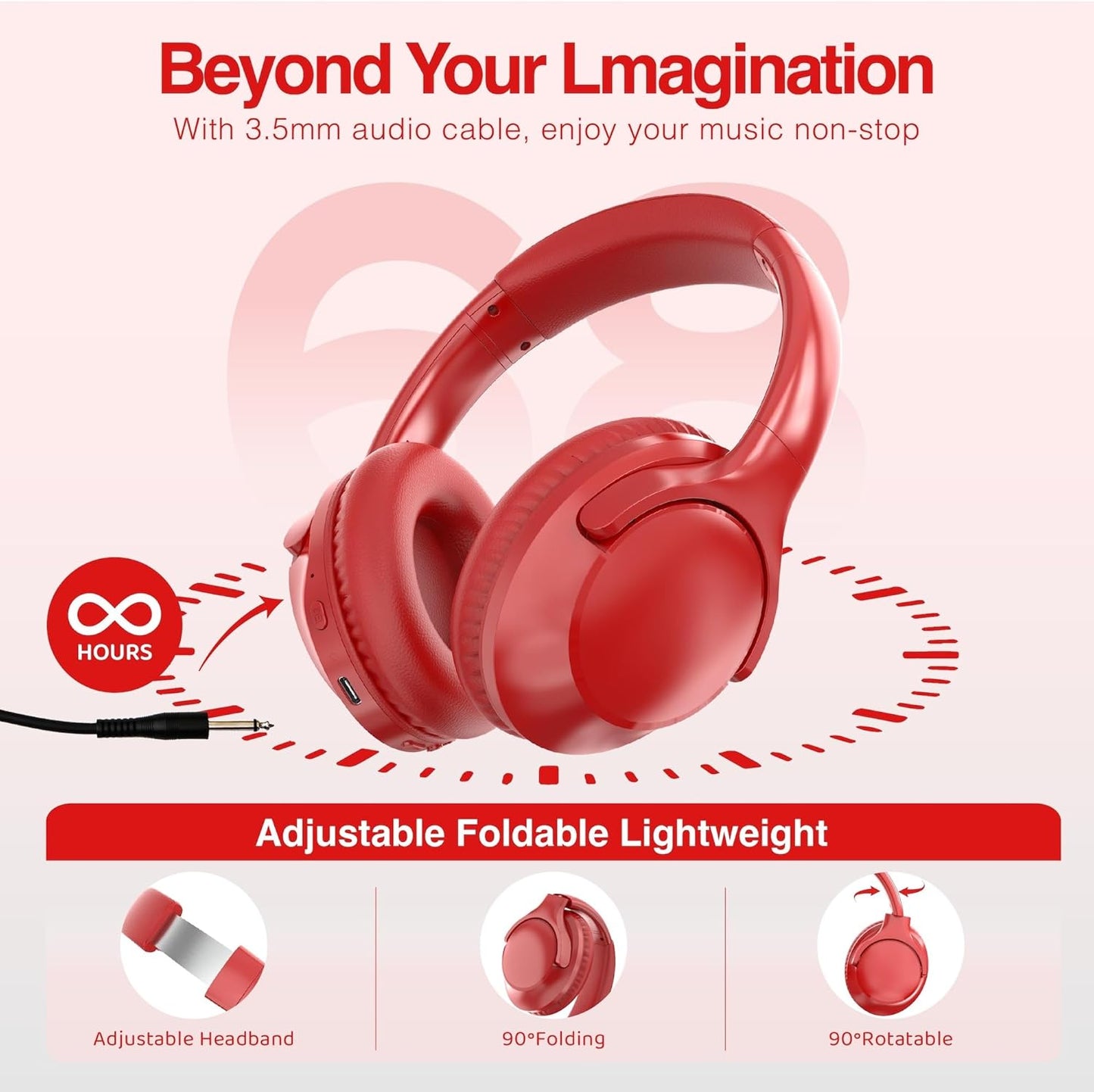 MIDOLA Bluetooth Headphones Over Ear 68H Playtime 6 EQ Wireless Headset with Microphone HiFi Stereo Foldable Lightweight Deep Bass for Travel Home Office Cellphone Red