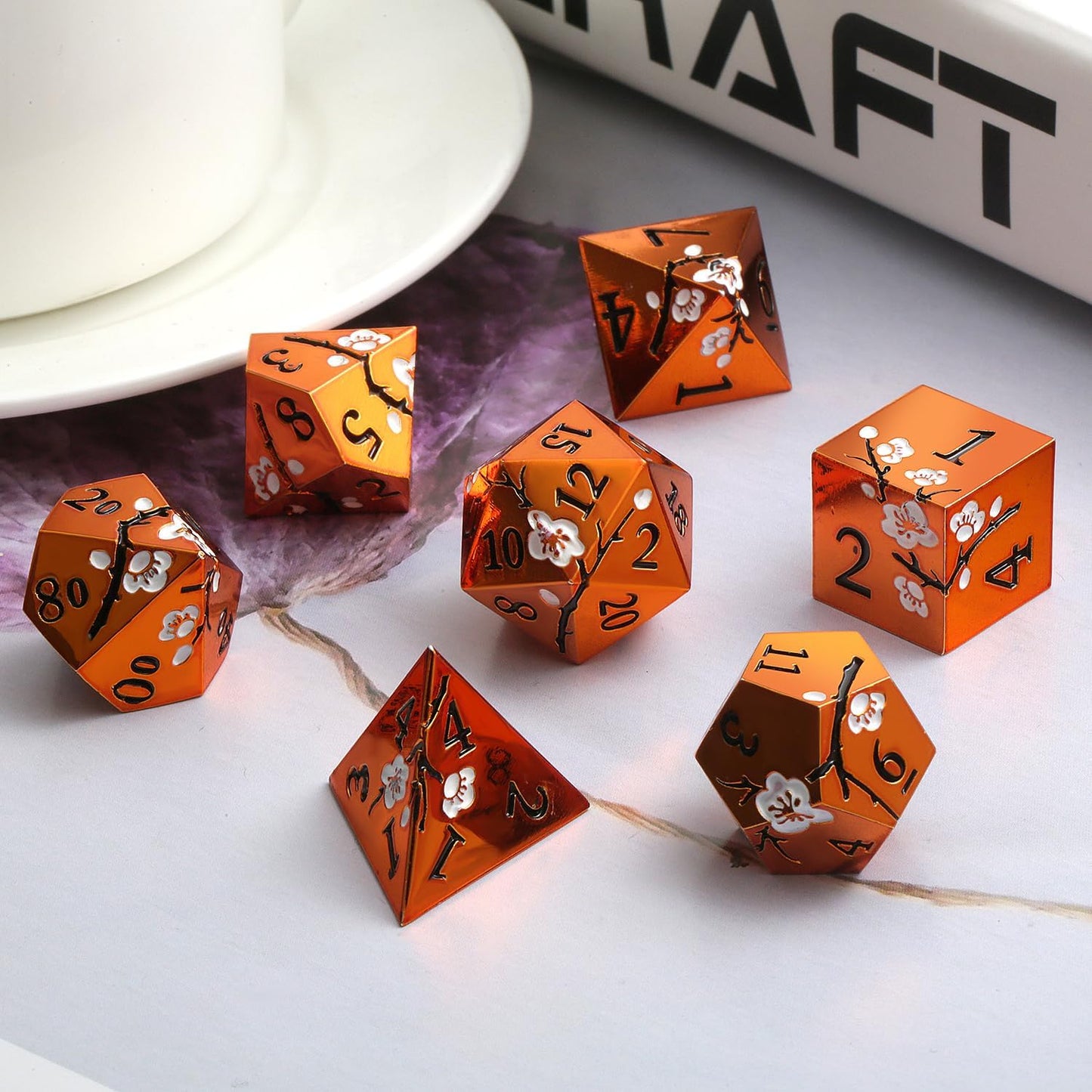 Orange Metal Dice D&D, DNDND 7 PCS Heavy Metallic DND Dice Set with Gorgeous Gift Case for Dungeons and Dragon Tabletop Game (Orange with White Flowers)