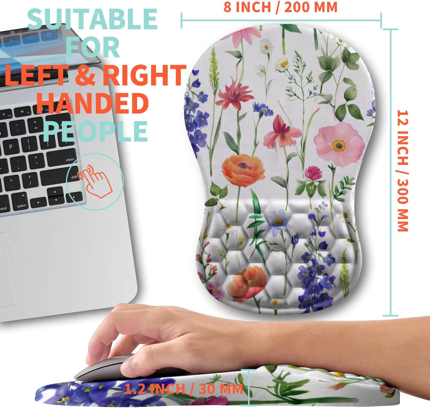 Ergonomic Mouse Pad Wrist Support with Memory Foam Massage Bulge, Carpal Tunnel Pain Relief Mousepad Wrist Rest for Mouse(12x8 inch, Flowers)