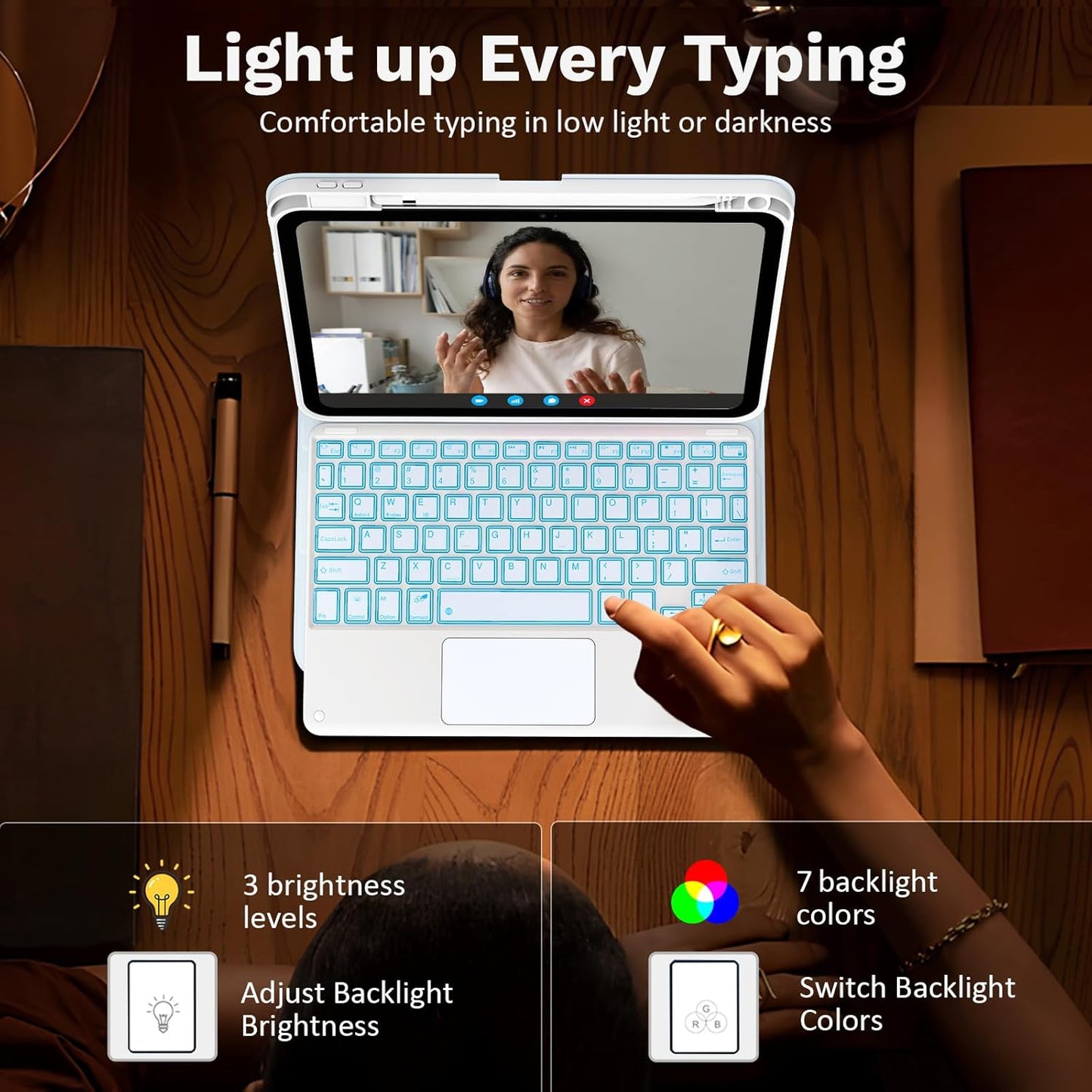 MoKo Touch Keyboard Case for iPad (A16) 11th Generation 11 inch 2025, iPad 10th Generation 10.9 inch Case with Pencil Holder, 7 Colors Backlit Multi-TrackPad Detachable Bluetooth Keyboard, Sky Blue