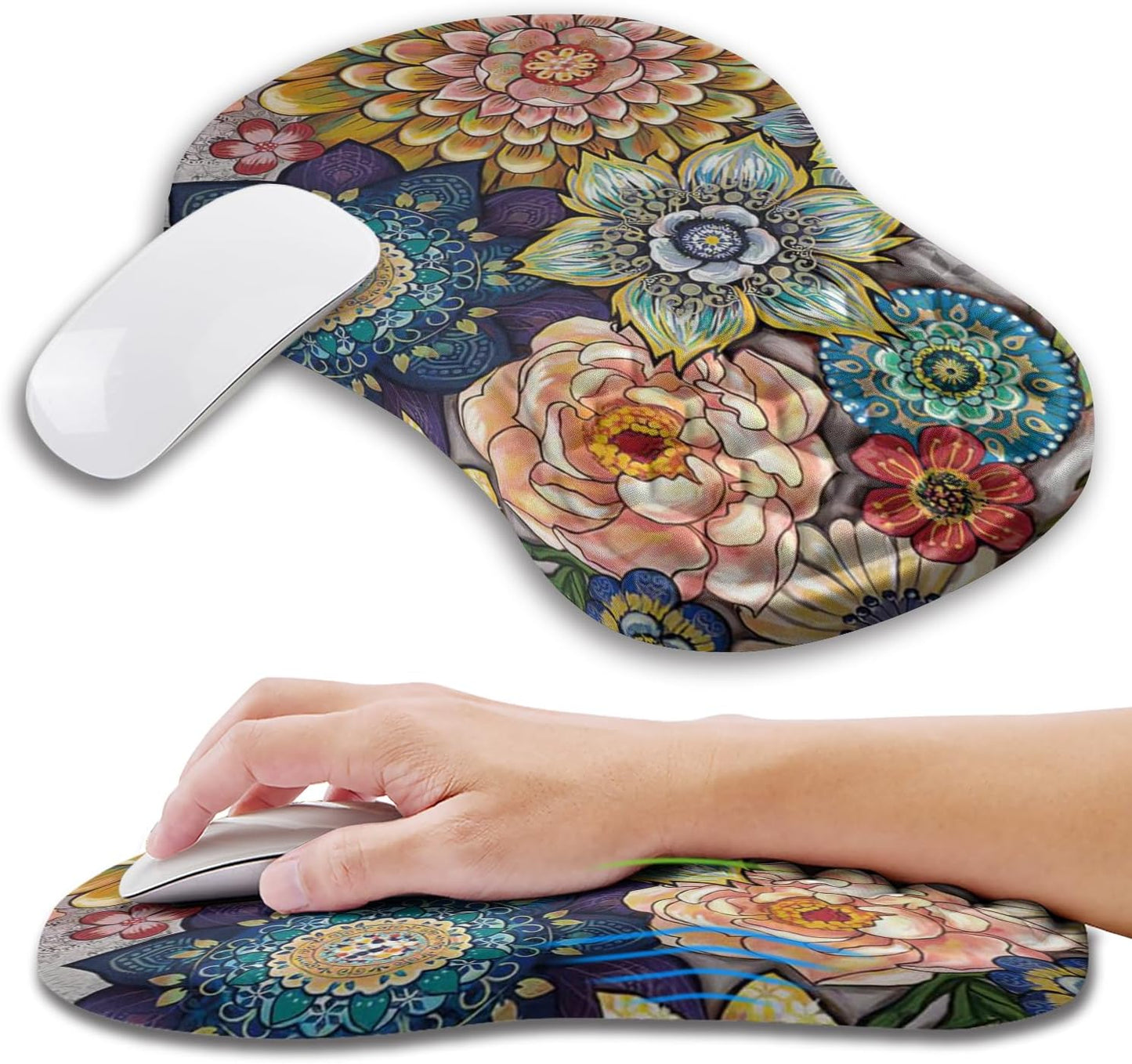 Ergonomic Mouse Pad Wrist Support with Memory Foam Massage Bulge, Carpal Tunnel Pain Relief Mousepad Wrist Rest for Mouse(12x8 inch, Blooming)