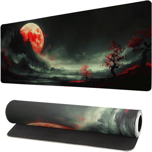 Extended Gaming Mouse Pad, Large Desk Mat XL Anime Mouse Pad Waterproof with Stitched Edges, Non-Slip Desktop Pad for Home and Office, Level Up Your 31.5x11.8 Inch (Red Moon)