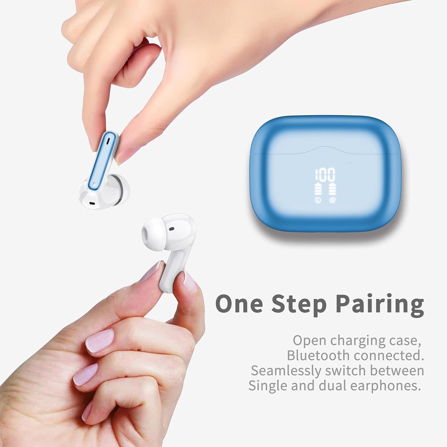 Wireless Earbuds, Bluetooth 5.4 Headphones in Ear with 4 ENC Noise Cancelling Mic, New Wireless Earphones HiFi Stereo Deep Bass 40H Playtime, In-Ear Bluetooth Earbuds LED Display IP7, USB-C, Lake Blue