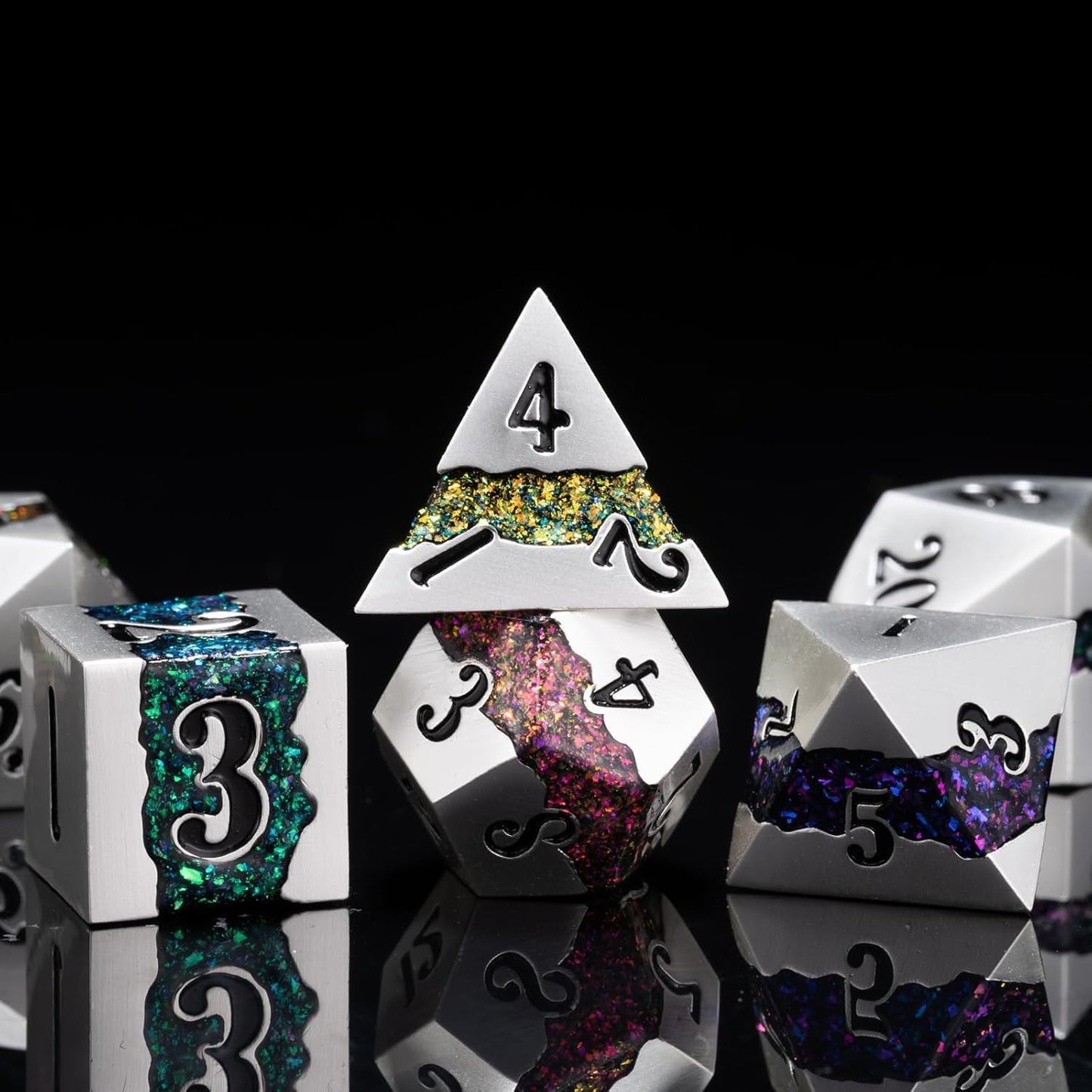 Polyhedral Metal Dice Set,7pcs Set Glitter Stripe DND Dice with Gift Box for RPG