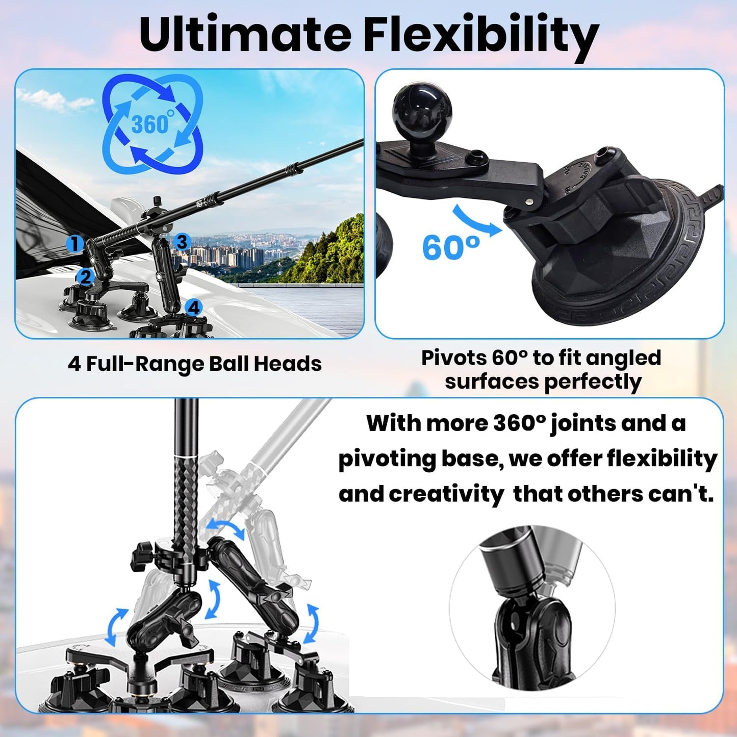 Suction Car Mount for GoPro/Insta360/DJI | Aluminum Alloy Extendable Selfie Stick with Multi-Joint Flexible Arm | Upsized Strong Suction Mount Kit Includes Tripod Adapter