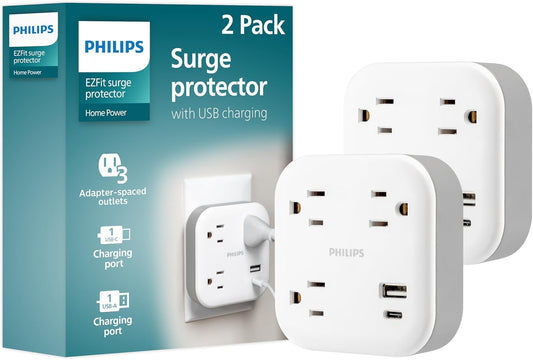 Philips EZFit 3-Outlet Surge Outlet Extender with USB, 1 USB-A, 1 Type-C, Adapter Spaced, Charging Station, 12W, 980 Joules, 2 Pack, White - SPP3605W/37