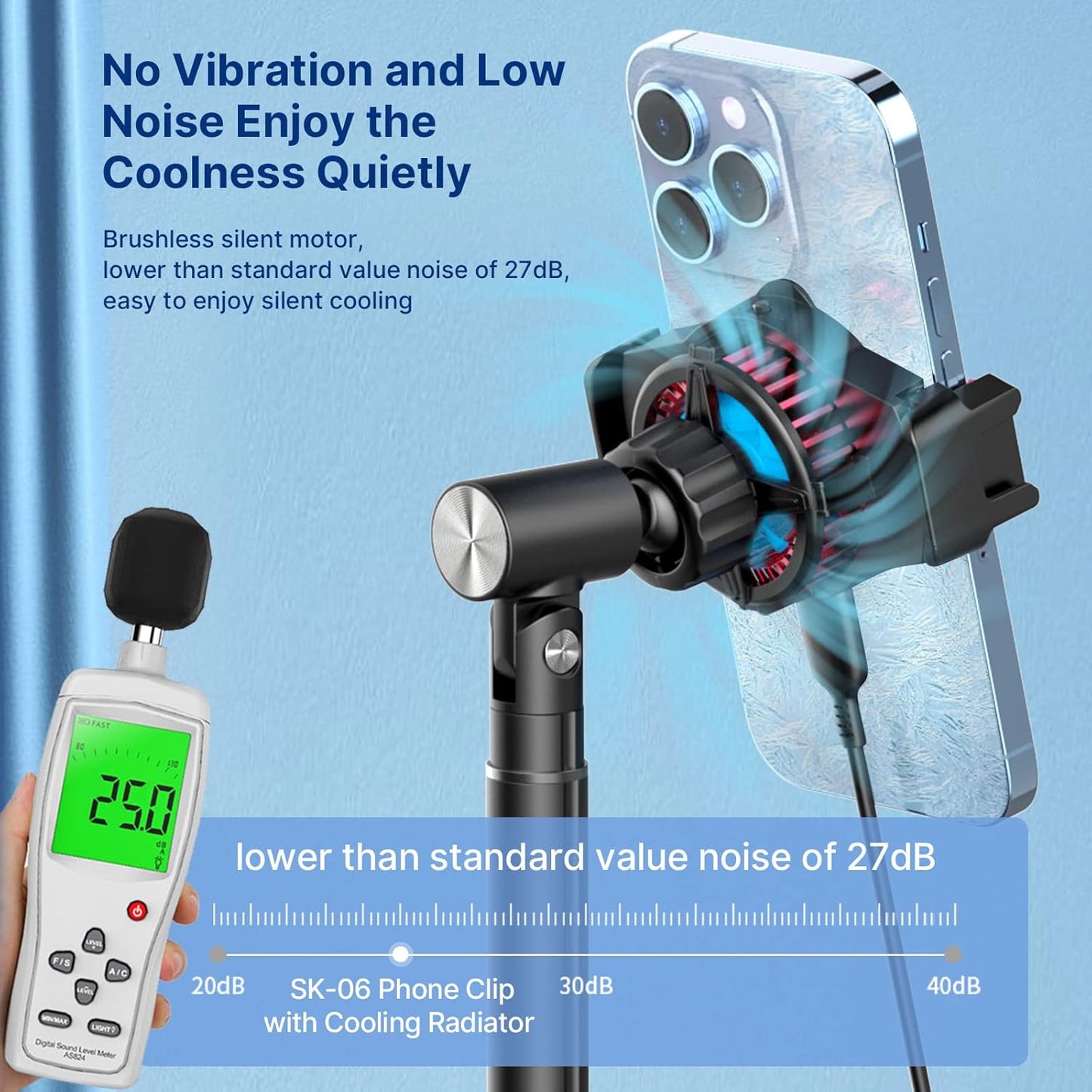 ULANZI SK-06 Cell Phone Stand with Phone Cooler, Desktop Phone Live Streaming Solution with Phone Cooling Fan, Height Adjustable Phone Cooler Stand Compatible with All Mobile Phones, iPhone & Android