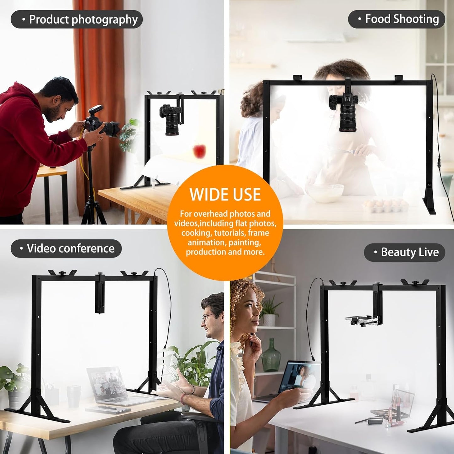 Overhead Camera Desk Mount Rig with 5600K Continuous LED Lighting - Top-Down Shooting Stand for Product Photography, Live Streaming - Universal Fit for DSLR, Mirrorless Cameras & Smartphones