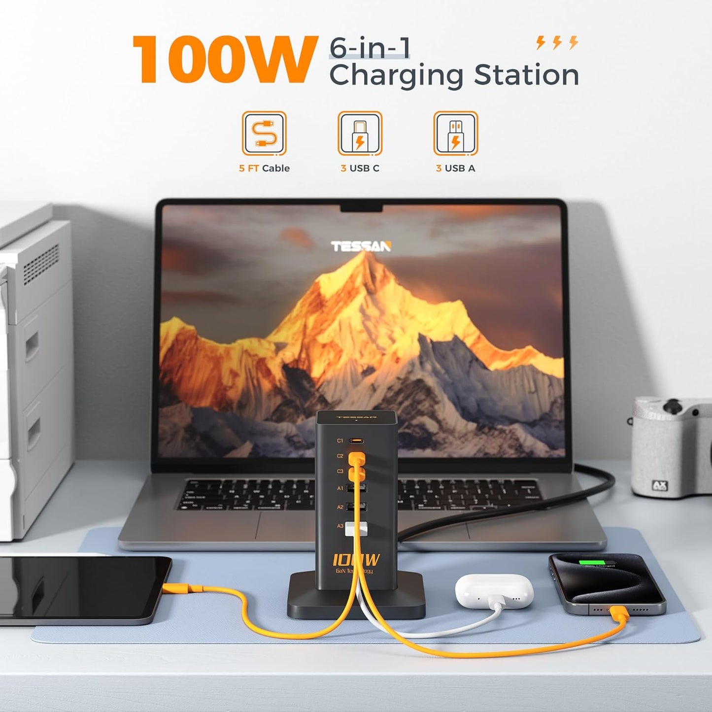USB C Charger Blcok PD 100W, TESSAN 6-in-1 Charging Station for Multiple Devices, Desktop Tower Charger with 6 USB Ports for iPhone 16/15, MacBook, Tablet, Office Home Dorm Room Accessories