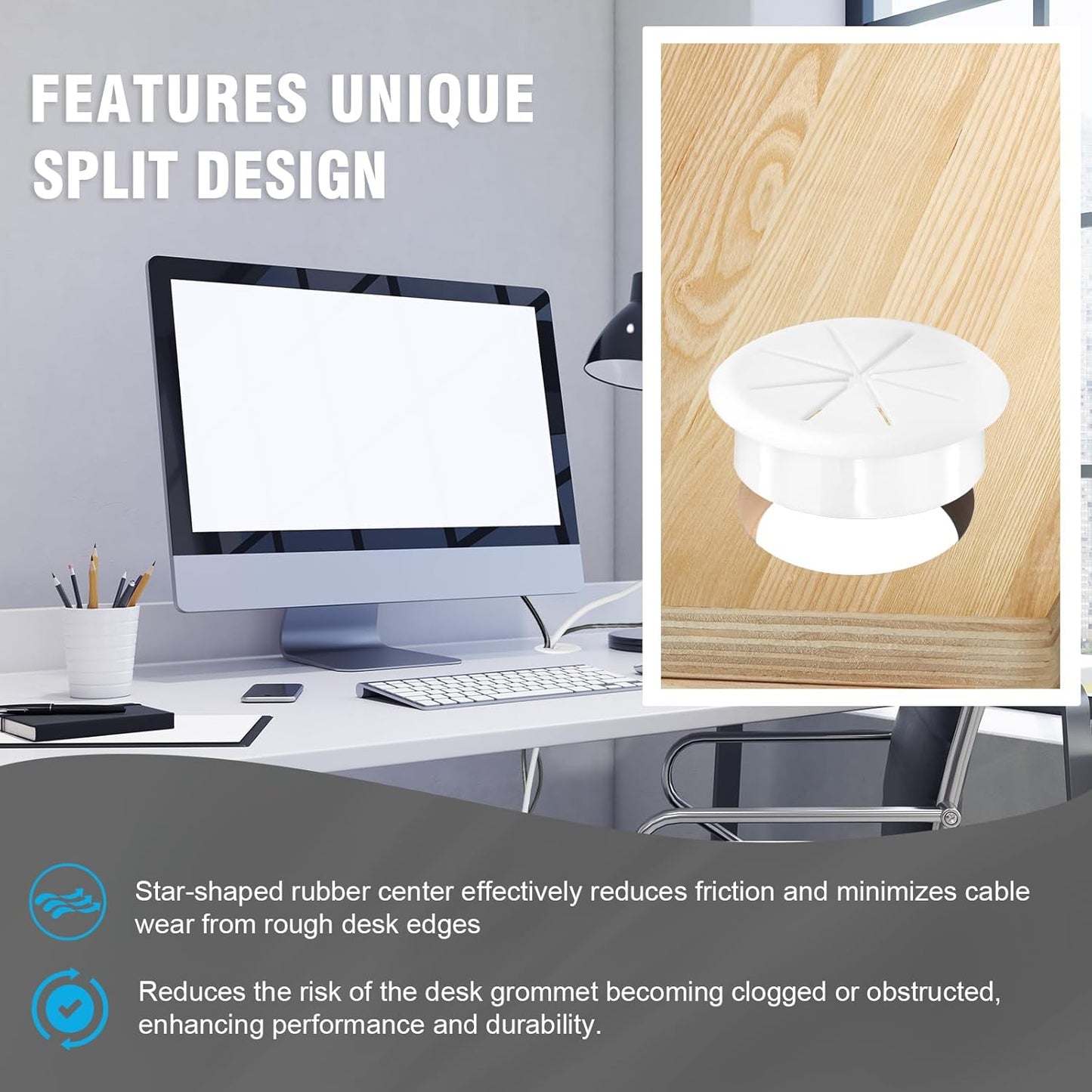 2-3/8" White Desk Grommet, JTemgle Flexible Cable Grommet Rubber Cable Hole Cover Wire Organizer Caps Desktop Cord Management for Home Office TV Stands Tabletops, 10 Pieces