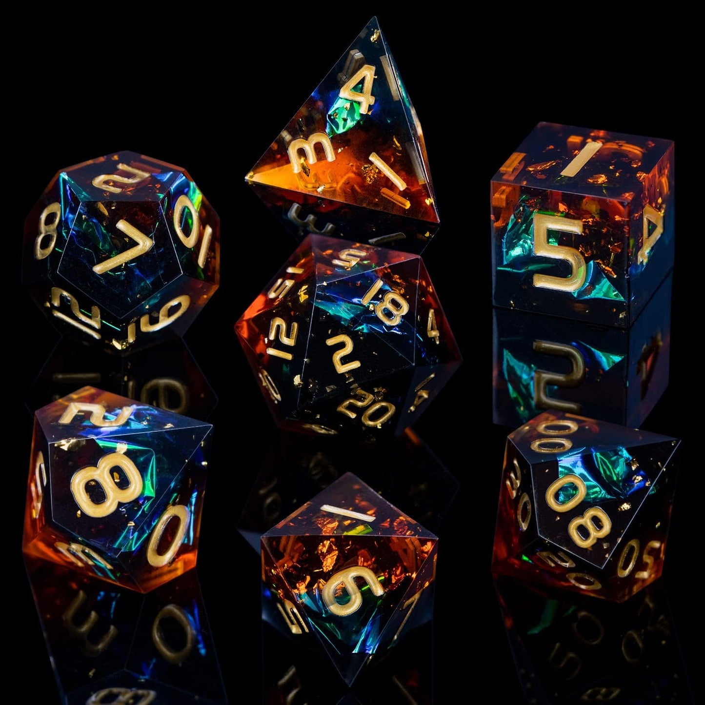 ARUOHHA DND Resin Dice Set 7Pcs Handmade Glitter Inclusions Sharp Edge Dragons Dice with Box, Role Playing Game RPG Lightning Polyhedral Dungeons D and D Dice Set