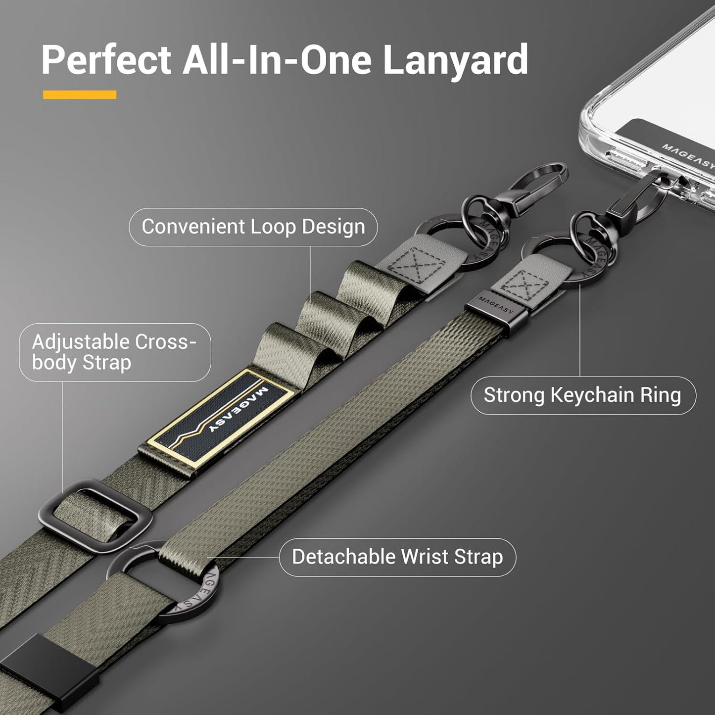 MAGEASY 2-In-1 Cell Phone Lanyard Crossbody - Universal Crossbody Phone Strap & Phone Wrist Strap with Built-in Keychain, Phone Tether Tab | Anti Drop & Anti Theft for Daily & Outdoor Activities