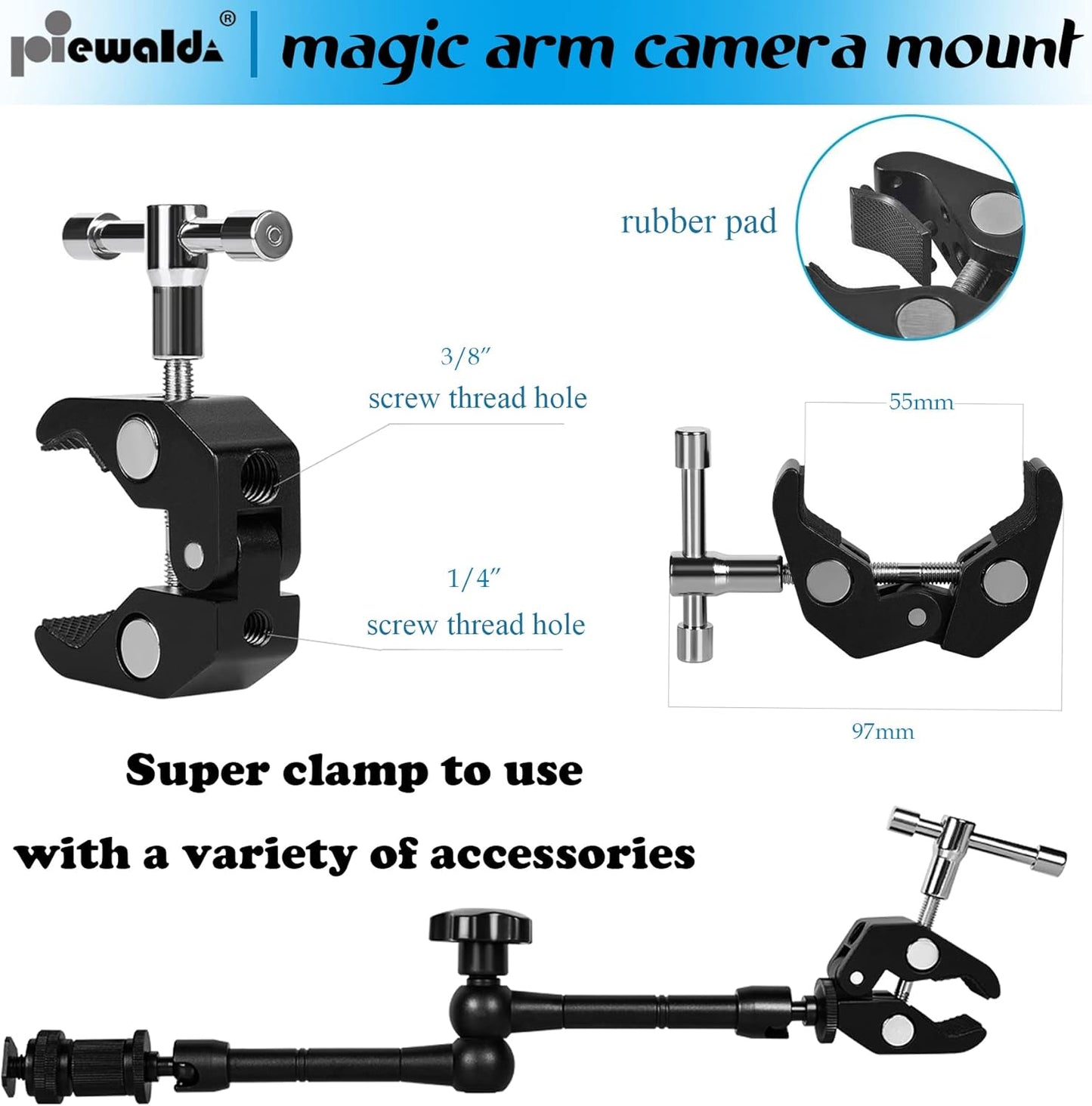 Magic arm Camera Mount ，articulating arm- 11 Inch Metal Adjustable Friction Articulated arm with Super Clamp/Phone Clip, for Various Action Camera/DSLR/LCD Monitor/LED Lights/Cell Phone