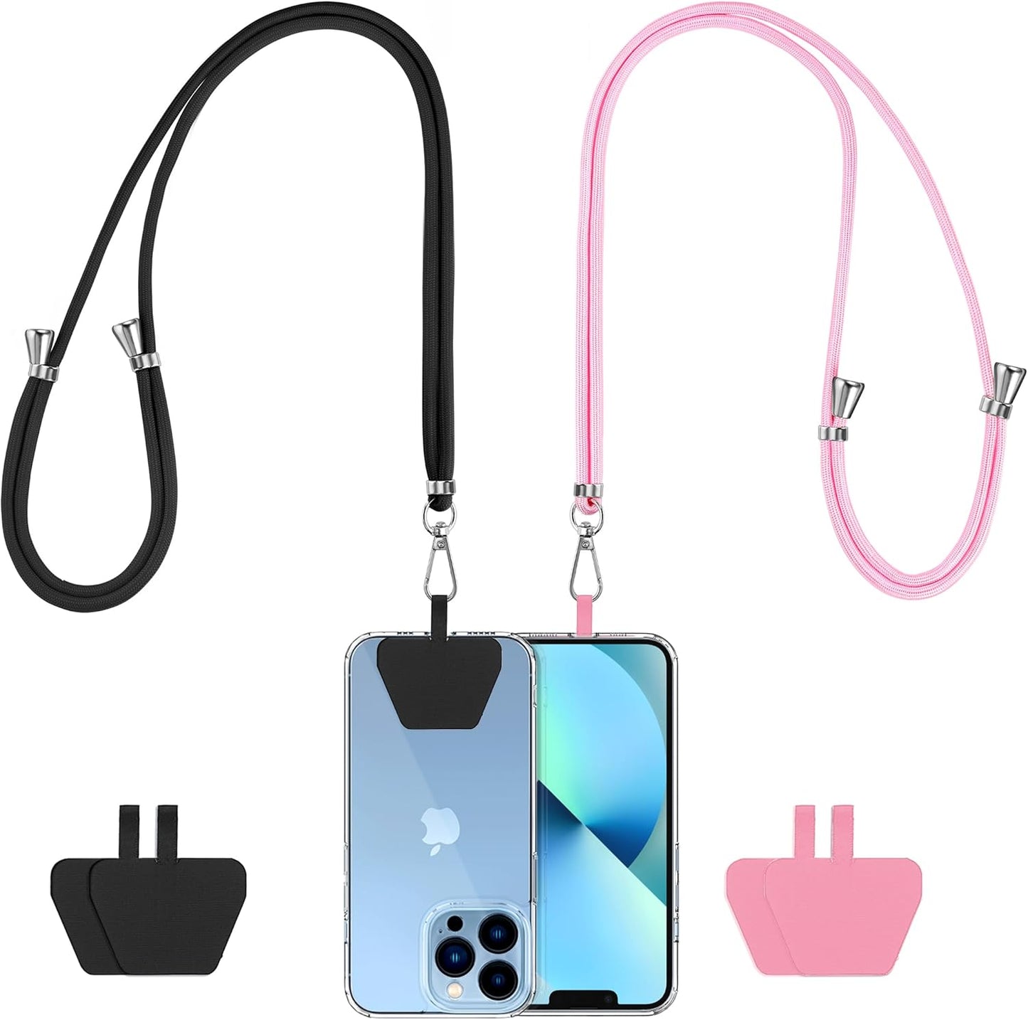 CACOE Phone Lanyard 2 Pcs-2 Pcs Adjustable Neck Strap, 4 Pcs Patches, Universal Crossbody Multifuctional Cell Phone Lanyards Compatible with Most Smartphones(Black+Bright Pink)