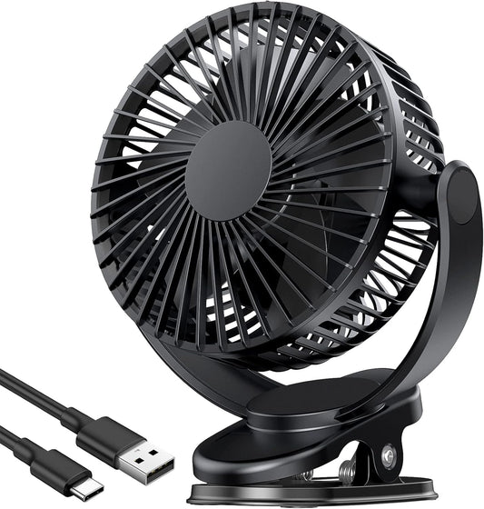 ATEngeus Rechargeable Clip-on USB Desk Fan, 3 Speeds, 5000mAh Battery, 720Rotation, Sturdy Clamp for Home, Camping, Treadmill and Car