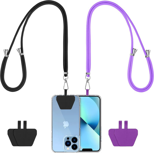 CACOE Phone Lanyard 2 PCS-2 PCS Adjustable Neck Strap,4 PCS Patches,Universal Crossbody Multifuctional Cell Phone Lanyards Compatible with Most Smartphones(Black+Dark Purple)