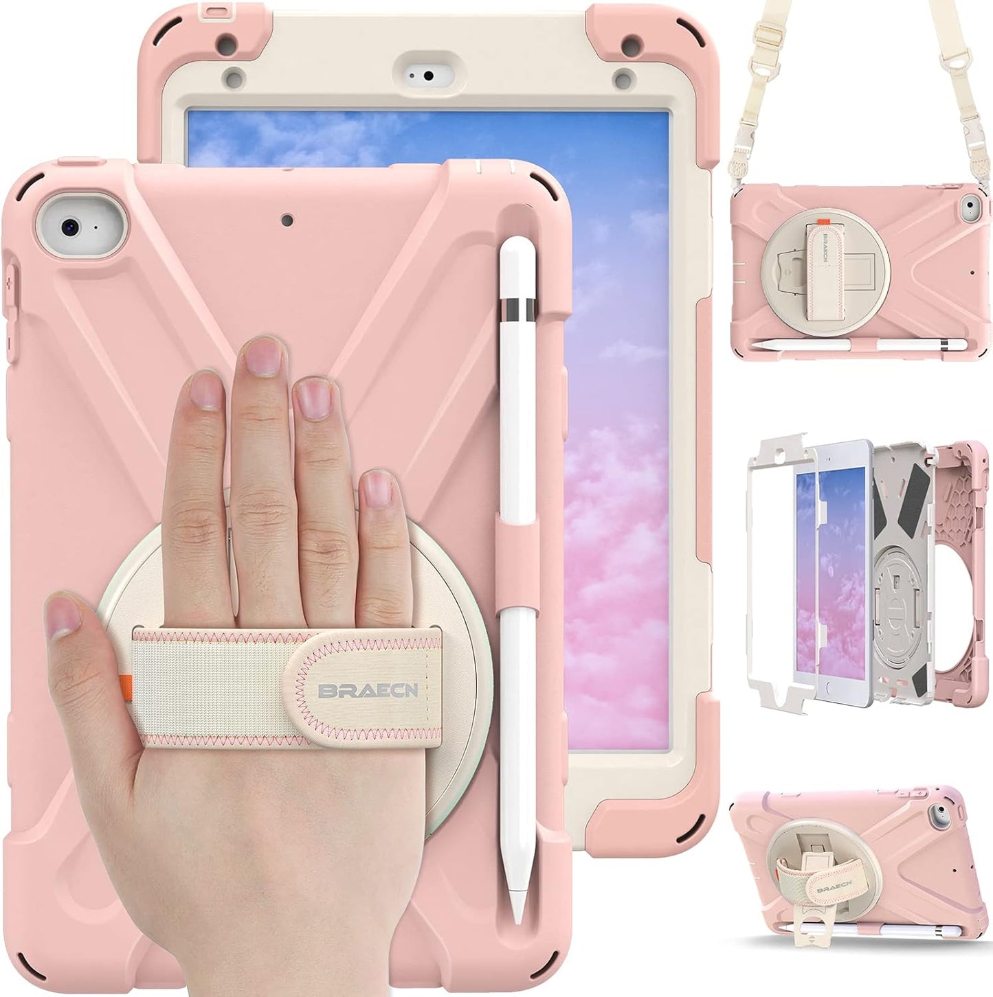 BRAECN iPad mini 5 Case,iPad mini 4 Case, Heavy Duty Shockproof Protective Rugged Case with Pencil Holder,Hand Strap,Kickstand, Shoulder Strap for iPad mini 5th/4th Generation 7.9 Inch for Kids