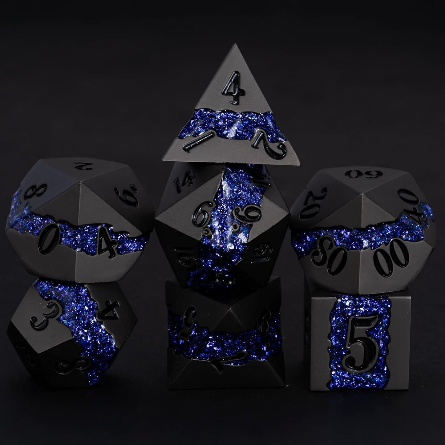 Metal DND Polyhedral Dice,Large Stripe Glitter Metallic Dice Set,Antique Silver Dice 7pcs Set for Role Playing Games(Pearl Gun Purple)