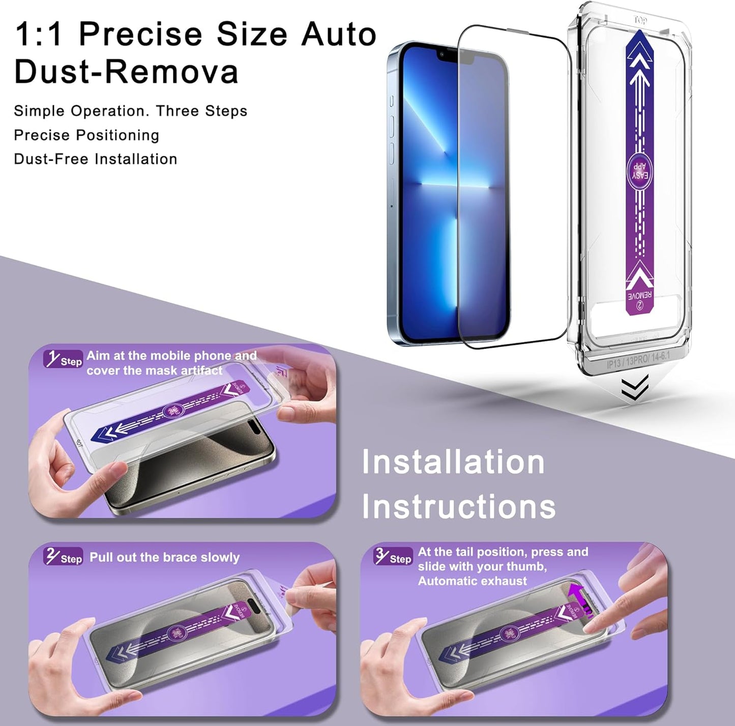 2 Pack Screen Protector for iPhone 16e/iPhone 14/iPhone 13 Pro/iPhone 13, 9H Tempered Glass, Full Cover, Anti-Fingerprint, Auto Dust-Elimination, No Bubble, Easy Installation