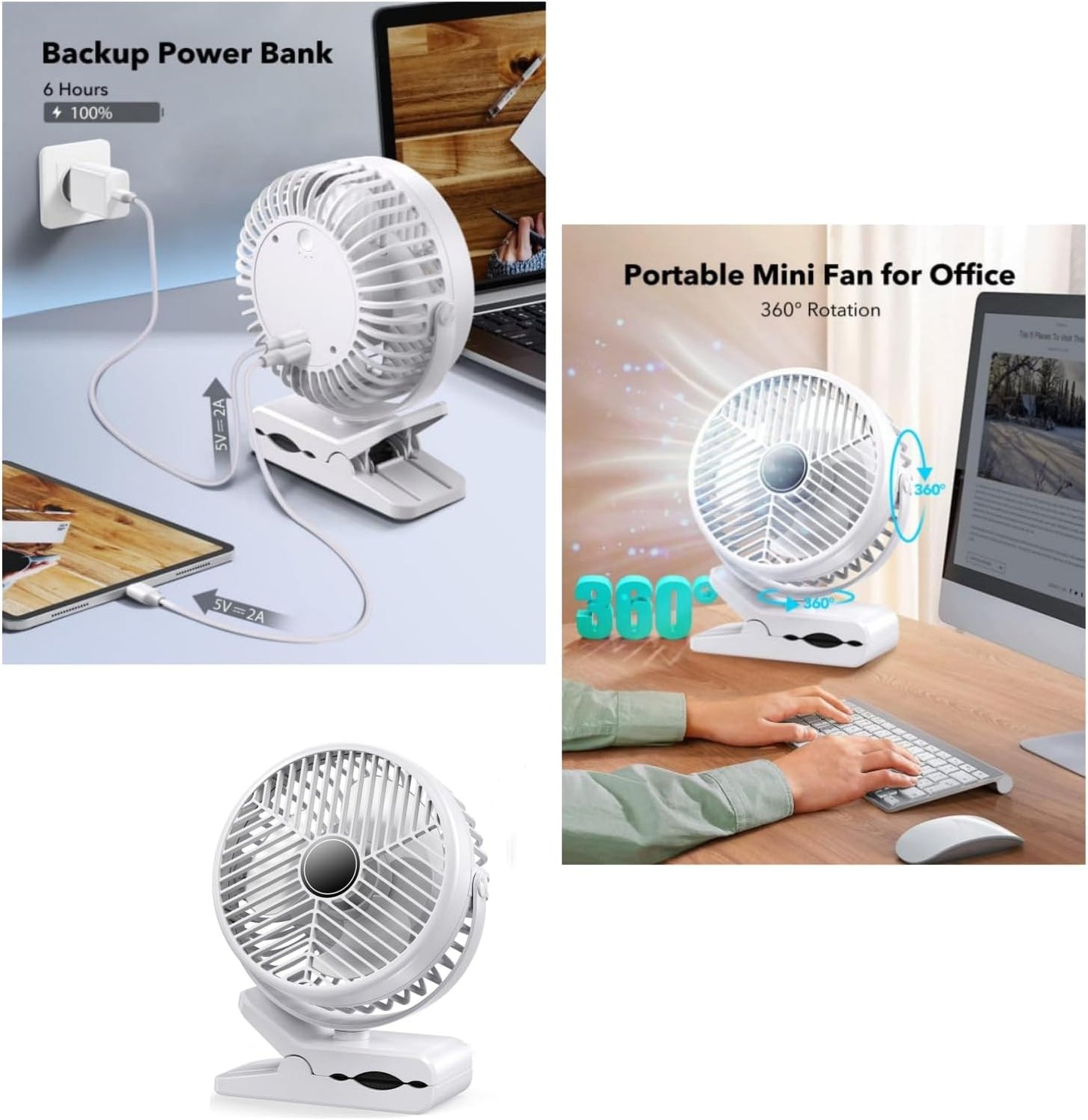 Portable Clip-on Fan 10000mAh Rechargeable Battery Powered – 3-Speed Quiet Desk & Clamp Fan for Stroller, Camping, Office & Bedroom – 360° Rotation-1PACK-White