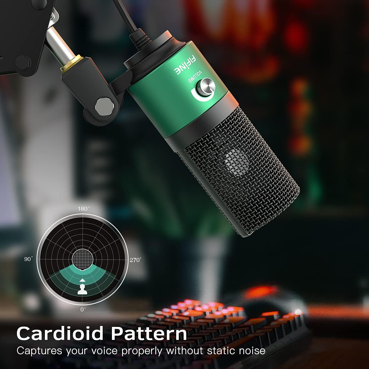FIFINE USB Gaming Microphone for PC Desktop, PS4 and Mac, Gain Control, External Condenser Computer Mic for Streaming, Podcasting, Twitch, Discord, Green - K669G