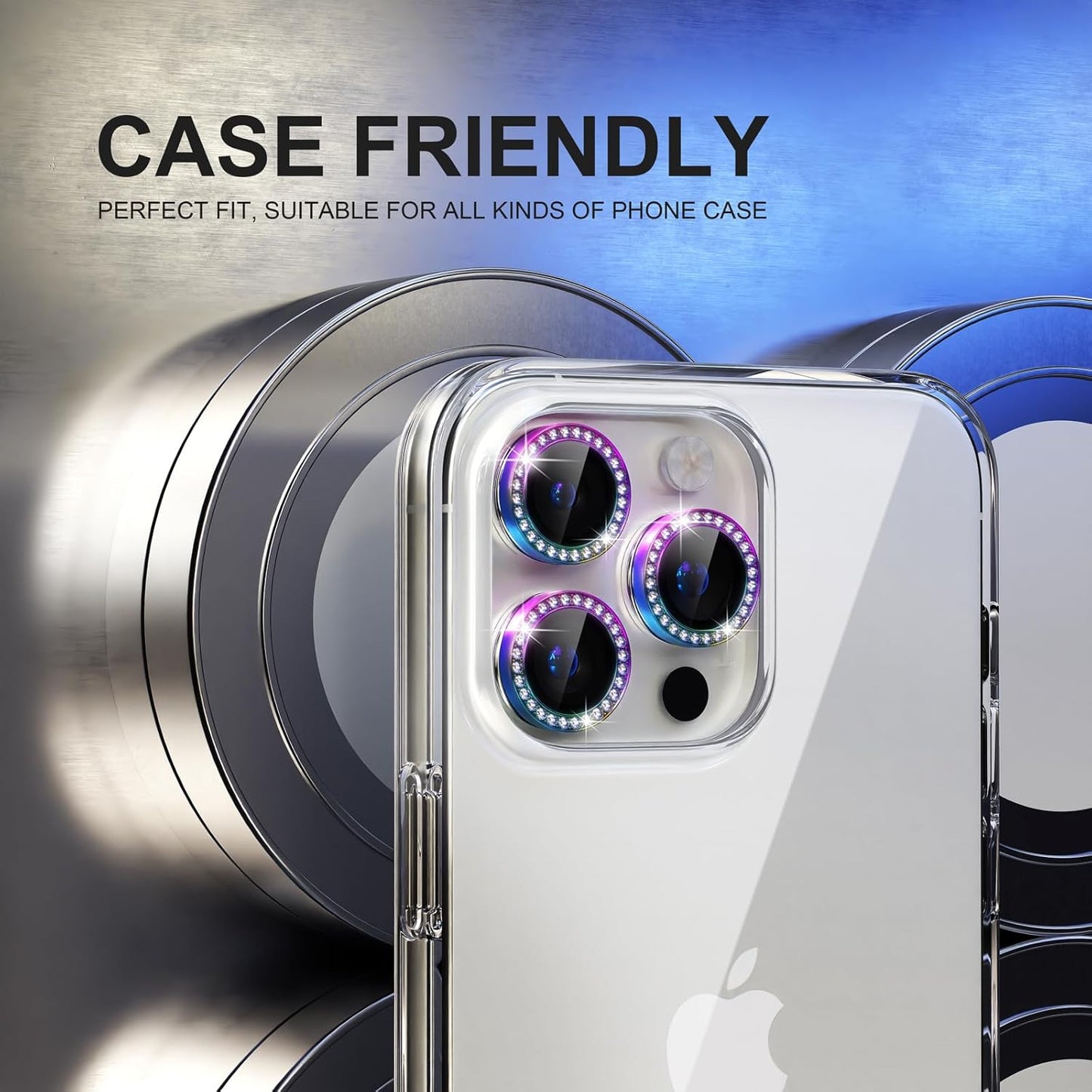 Choiche Compatible for iPhone 15 Pro/iPhone 15 Pro Max Camera Lens Protector Bling, 9H Tempered Glass Camera Cover Screen Protector Metal Ring Decoration Accessories (Diamond-Colorful)