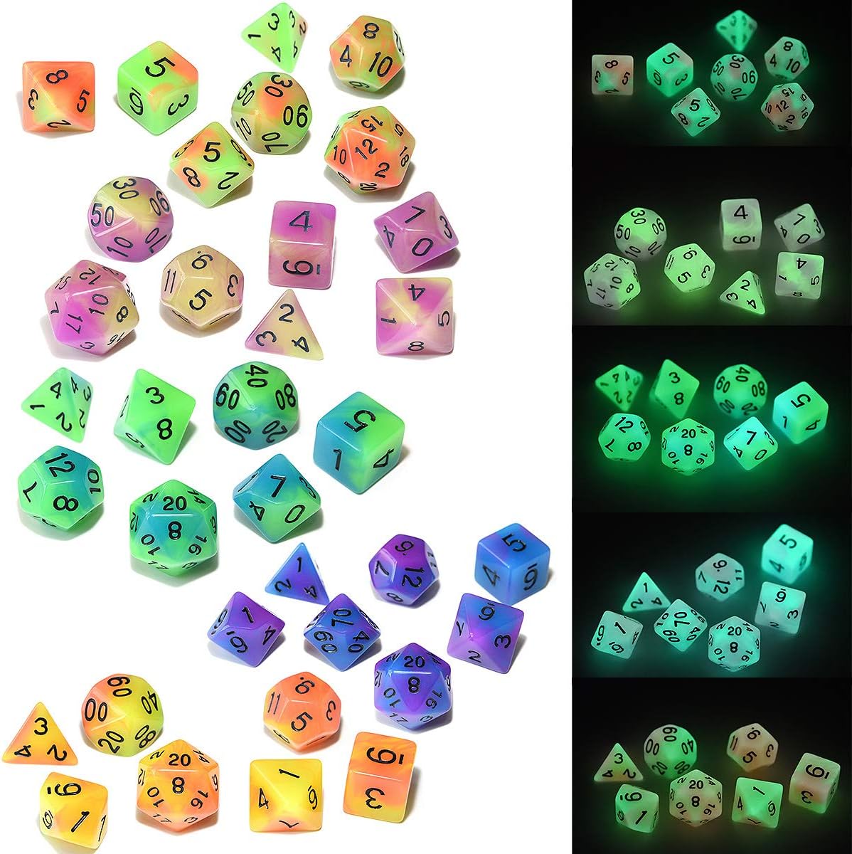 Double Color Glow in The Dark Dice Set 35 Pieces Polyhedral Dice for RPG DND MTG Games Include Black Velvet Pouch