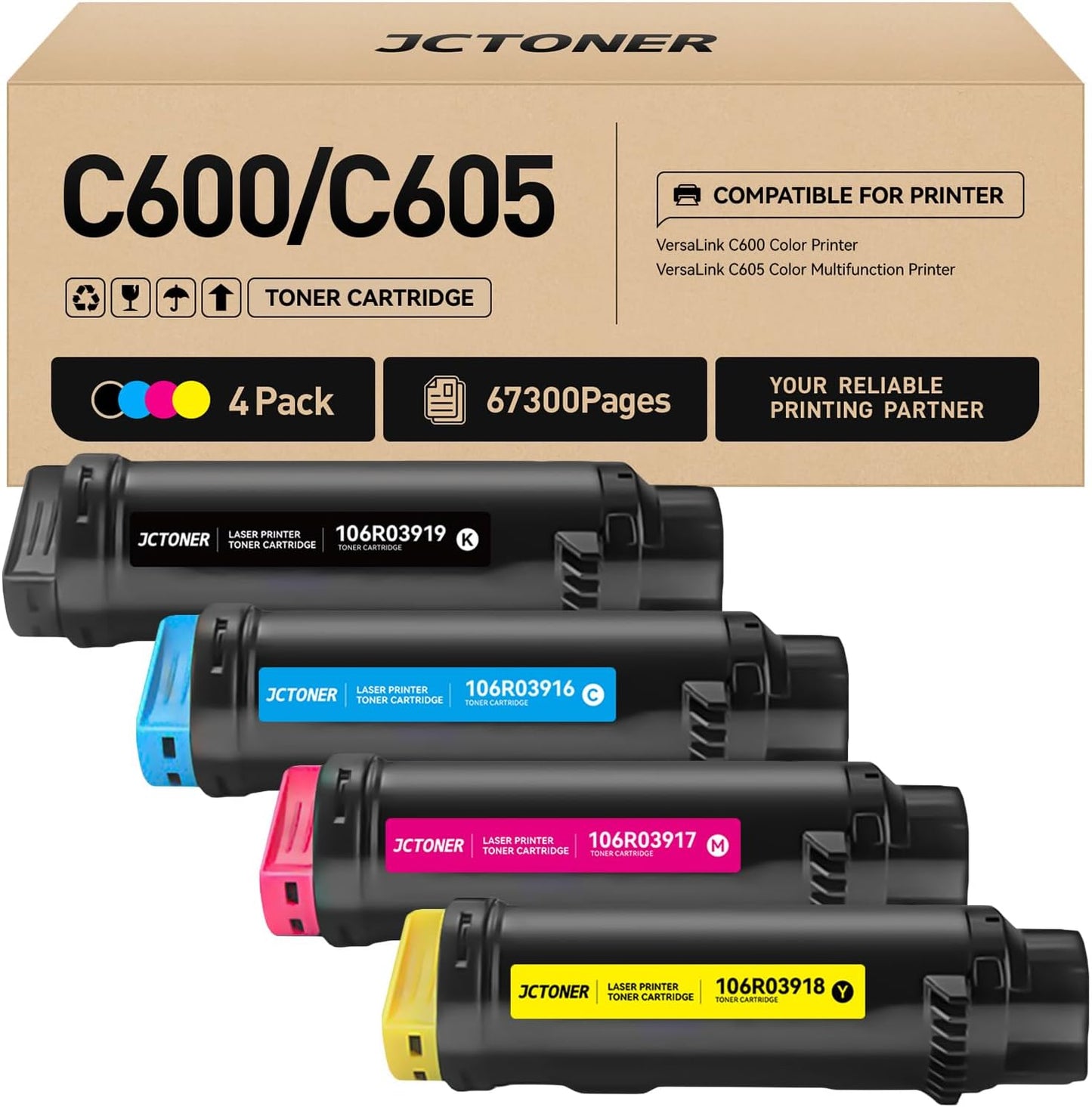 C600 C605 Toner Cartridges 4-Pack Compatible Replacement for VersaLink C600 C605 Color Multifunction Printer Copier Scanner 106R03919 106R03916 106R03917 106R03918 High-Yield Black Cyan Yellow Magenta