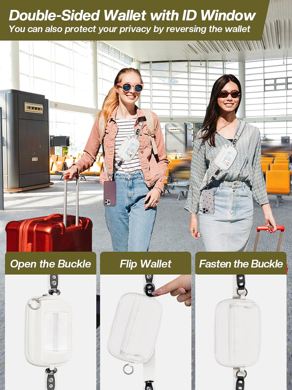 Clip and Go Strap for Phone with Wallet Crossbody Phone Lanyard Adjustable and Detachable RFID Wristlet Wallet with ID Window and Zipper, Cream