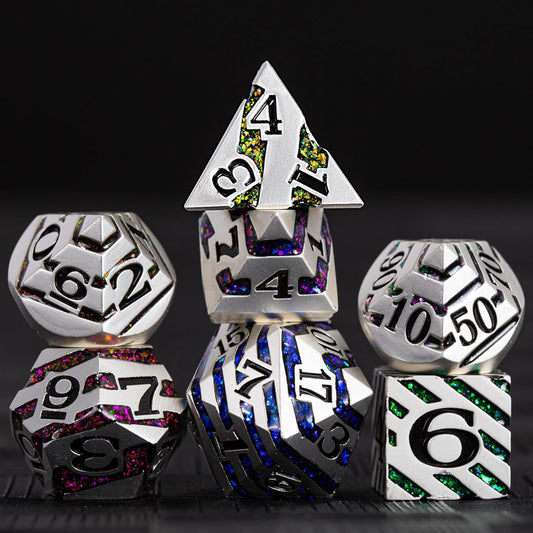 Metallic Stripes Dice with Gift Case, D&D Metal Polyhedral Dice Sets for Tabletop Games (Pearl Silver Seven Colors)