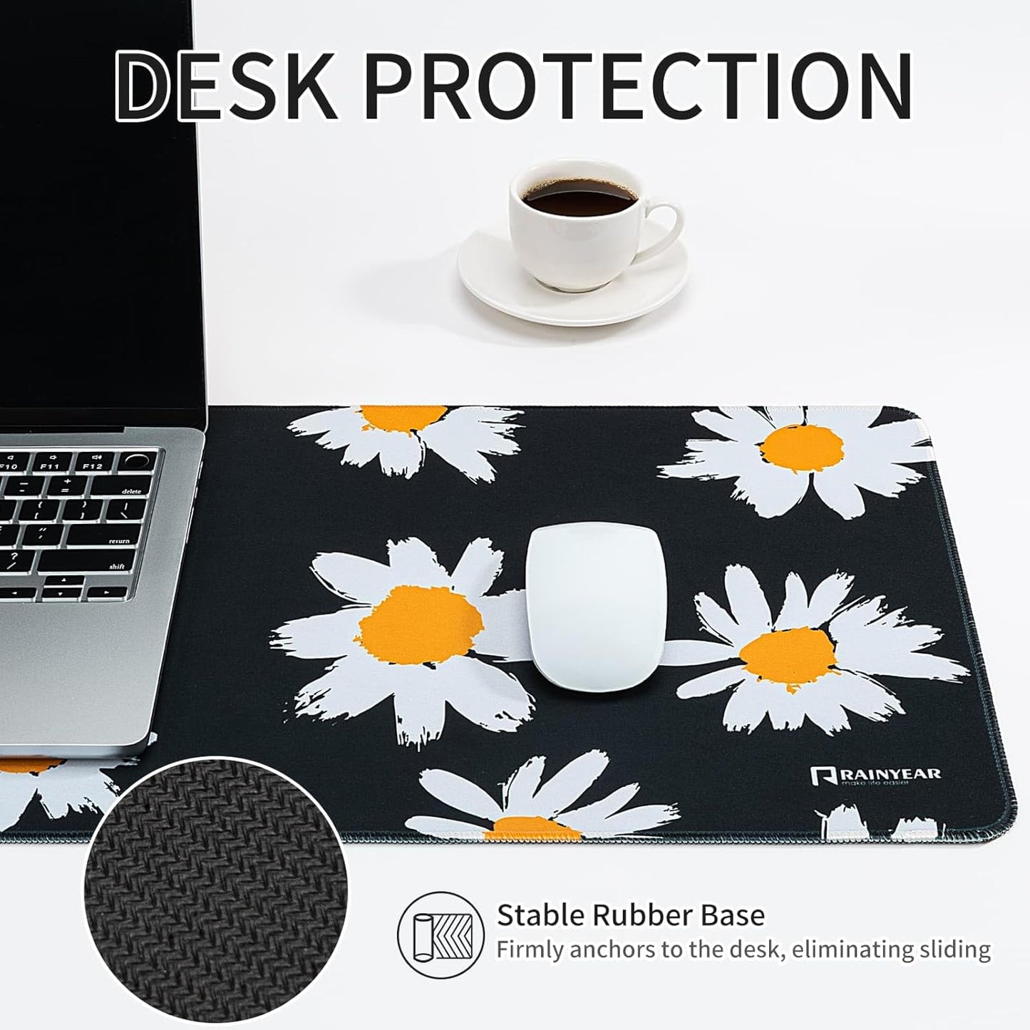 RAINYEAR Large Gaming Mouse Pad(31.5 x 11.8 Inch), Computer Mousepad with Anti-Slip Rubber Base, Smooth Large Keyboard Mouse Pad Mat for Gamer, Office, Home, Black Daisy