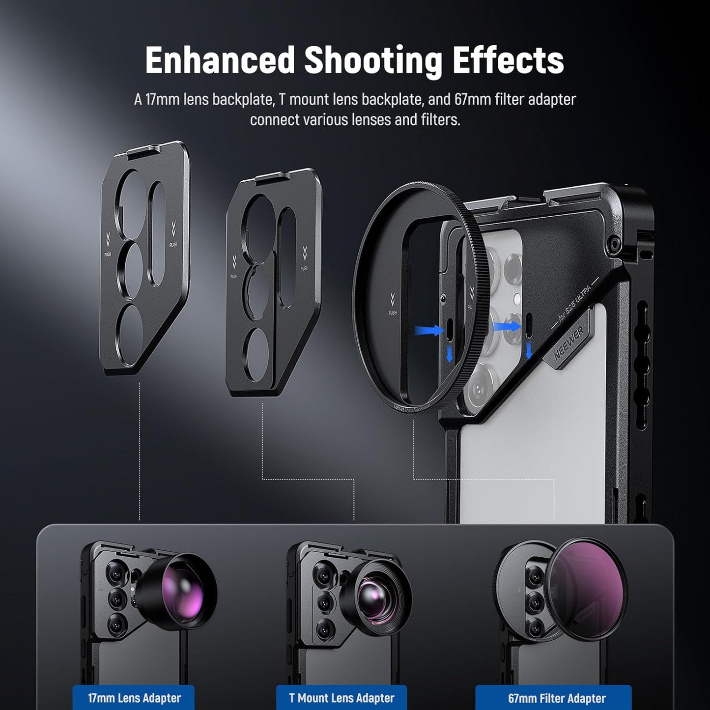 NEEWER PA082 S25 Ultra Phone Cage Holder for Recording Filming with 2X Handle, 67mm Filter Adapter, 17mm Lens Backplate, T Mount Adapter, Video Rig Stabilizer Compatible with Samsung Galaxy S25 Ultra