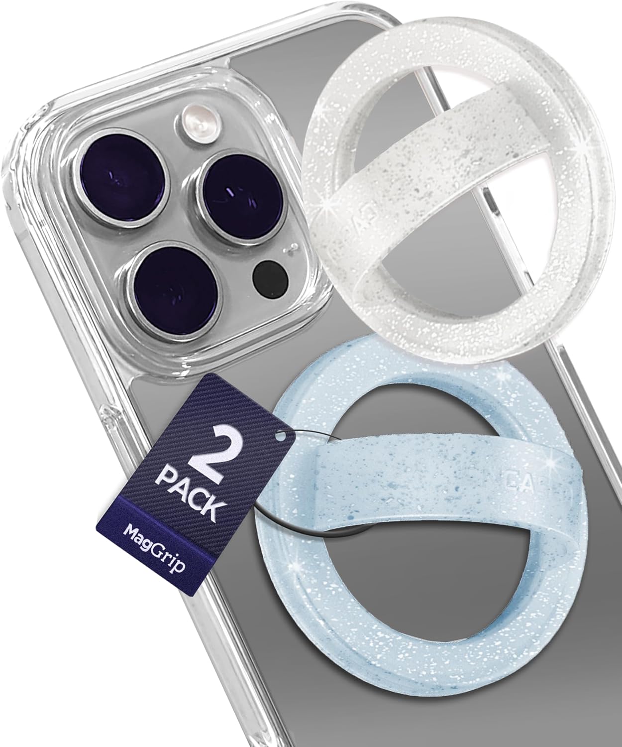 Encased LoopGrips for MagSafe (2 Pack), Magnetic Detachable Phone Holder, Silicone Finger Grip Rings - Designed for iPhone 14/15/16 Pro Max (Clear Sparkle & Glitter Blue)