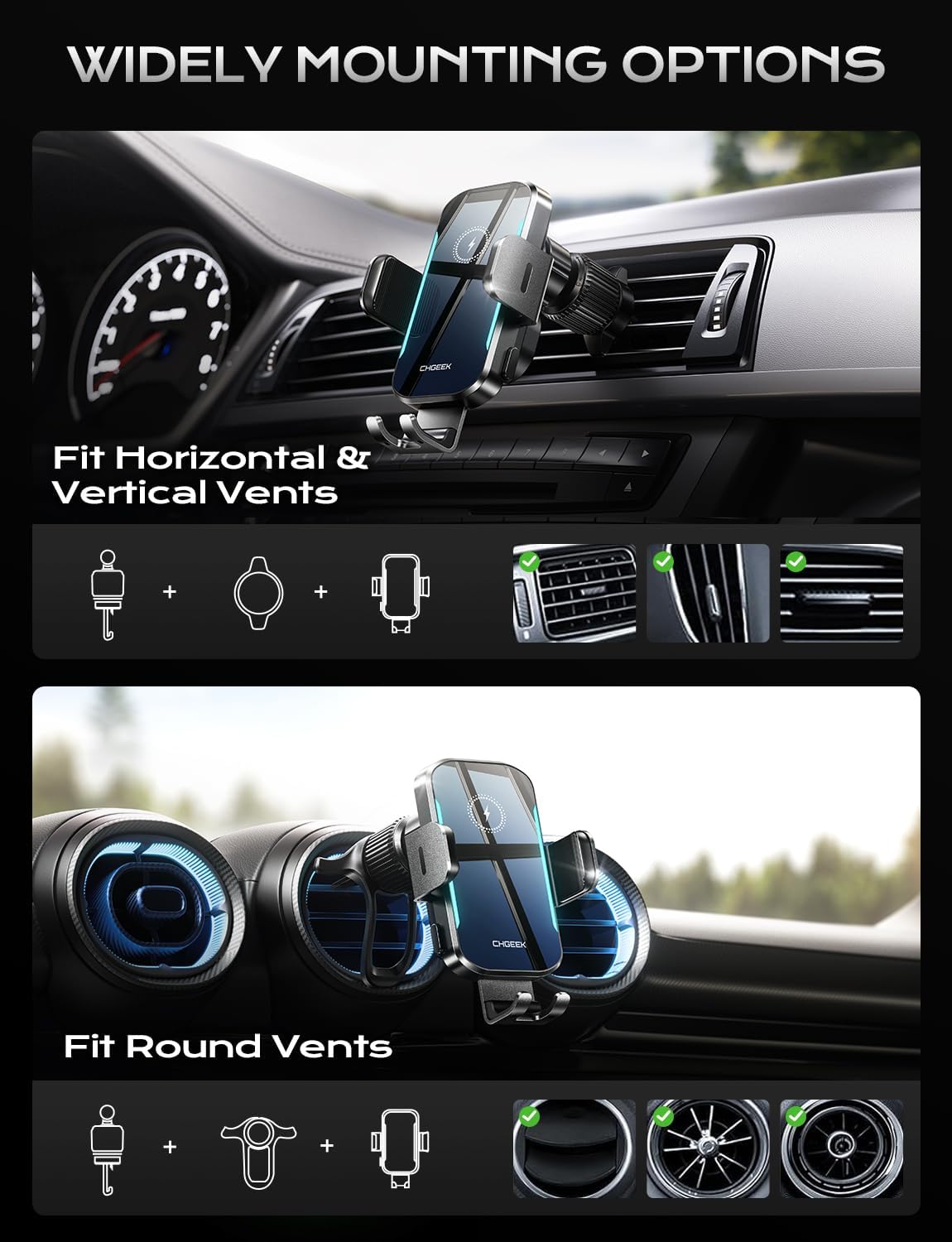 CHGeek Wireless Car Charger, 15W Fast Charging Car Phone Holder Charger Auto-Clamping Air Vent Car Phone Mount with Blue LED Backlit for iPhone 16 15 14 13 12, Samsung S24 S23 S22, etc