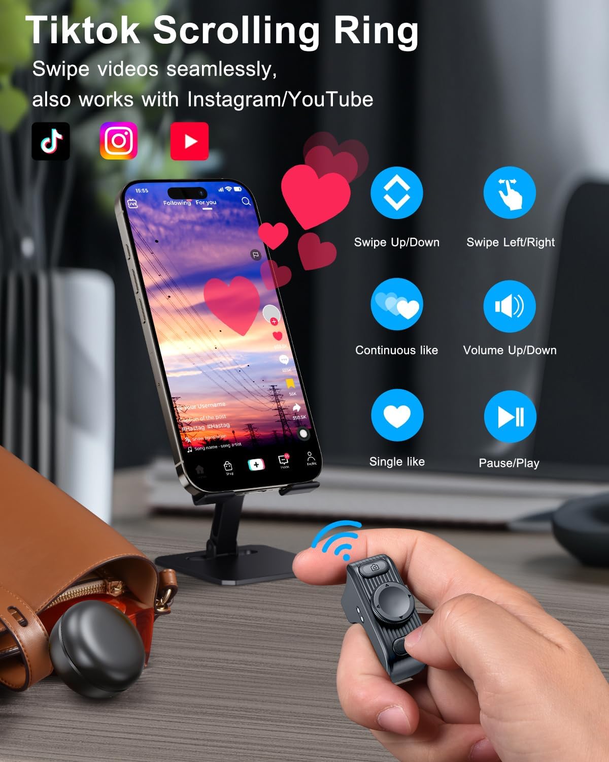 TikTok Scrolling Ring Remote Control, Camera Shutter Remote, Wireless Bluetooth Scrolling Ring for iPhone, iPad, iOS, Android - Graphite Black