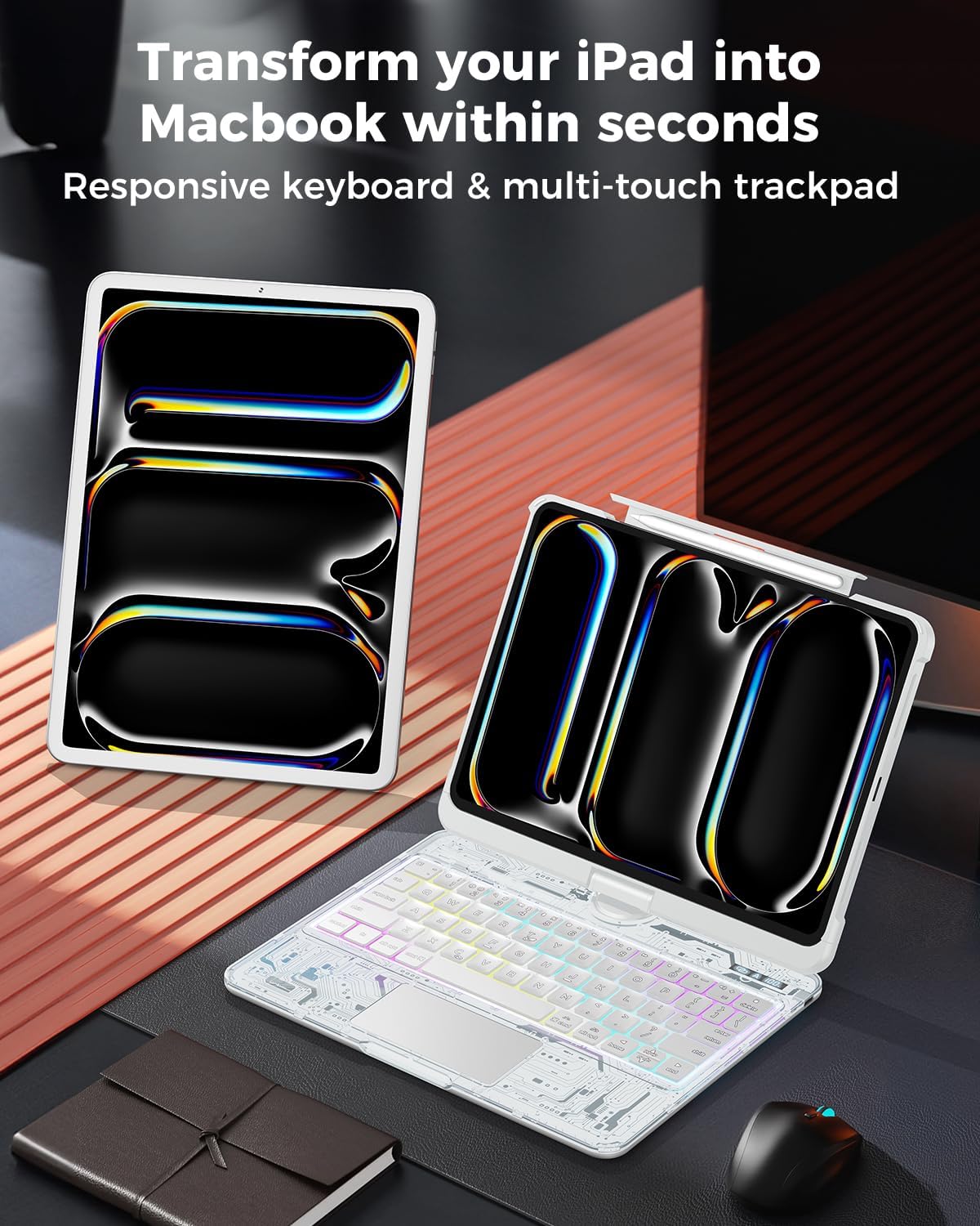 SIBEITU Keyboard Case for iPad Pro 11 Inch (M5 2025 / M4 2024), 360 Rotatable iPad Pro 11 Clear Cover with Multi-Touch Trackpad, 7-Color Backlight & 3 Brightness, High-Tech Visible PCB Design, White