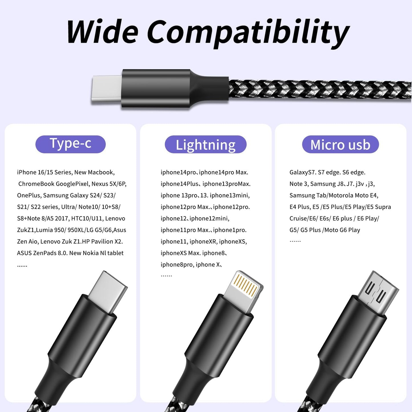 100W USB C Cable, Multi Charging Cable Fast Charging 5FT, 3 in 1 USB C Charger Cable with E-Mark Chip, Multi Charger Cord with Type-C, Micro USB, IP Port for iPhone16/15/MacBook/iPad/Samsung (1Pack)