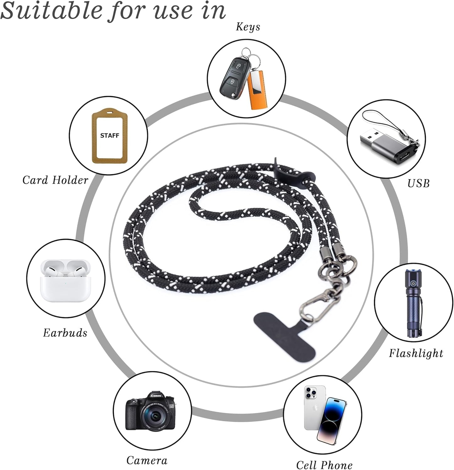 Phone Lanyard Universal Cell Phone Strap Crossbody Strap for iPhone Lanyard Around the Neck Extra Long Rope with Tether Tab for Men and Women (White on Black)