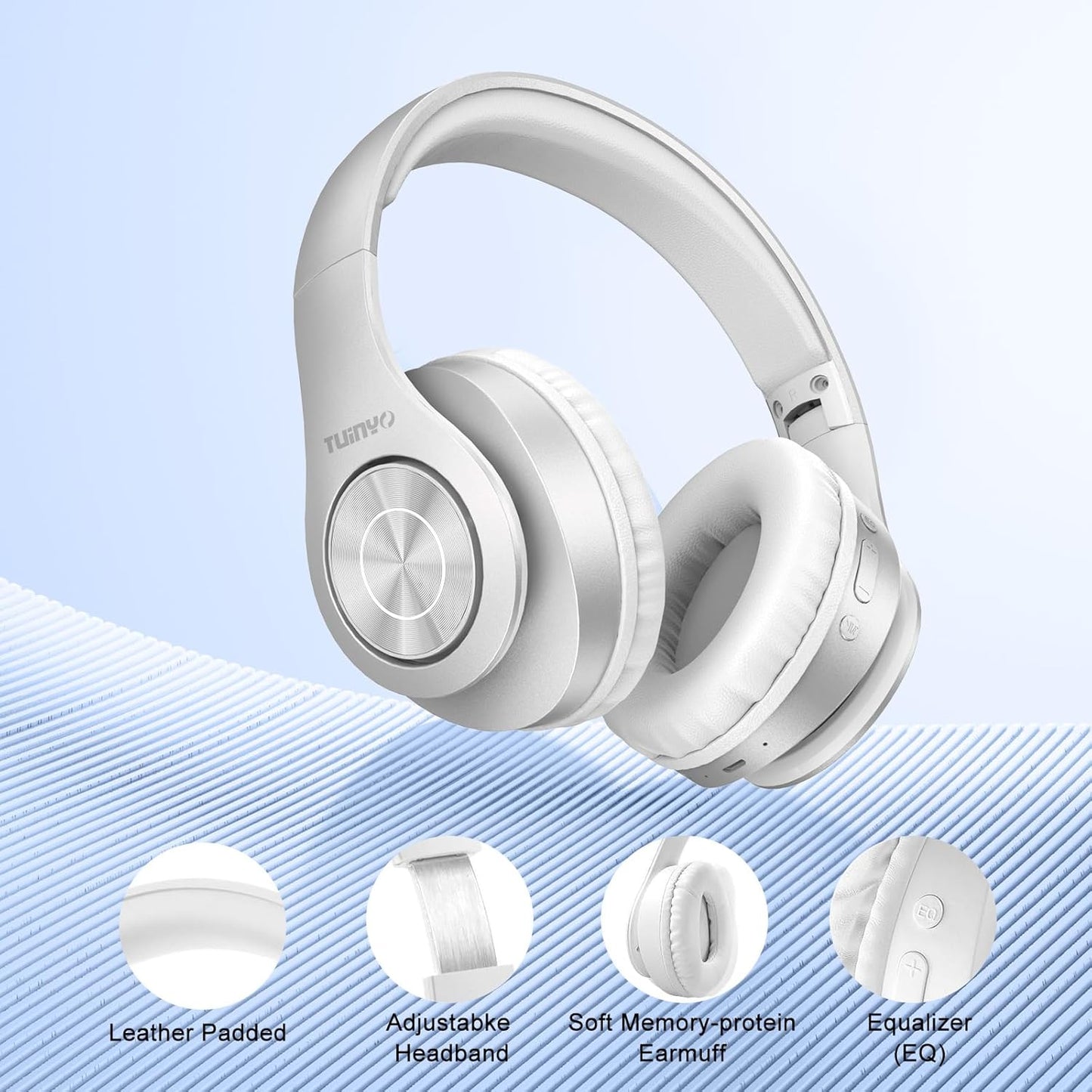 TUINYO Bluetooth Headphones Wireless, Over Ear Stereo Wireless Headset 40H Playtime with deep bass, Soft Memory-Protein Earmuffs, Built-in Mic Wired Mode PC/Cell Phones/TV-White … …