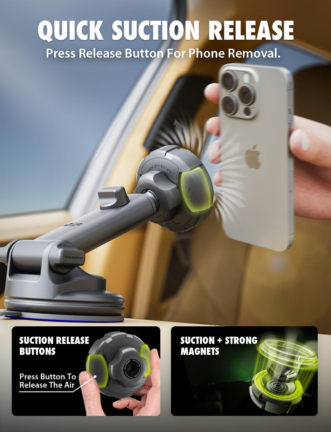 Bracketron MagSafe Car Mount,MagAlign Max Magnetic Phone Holder for Car Windshield & Dashboard,360 Vacuum Suction Magnetic Car Phone Holder for iPhone 16 Pro Max 15 14 13 12 - MagSafe Car Accessories