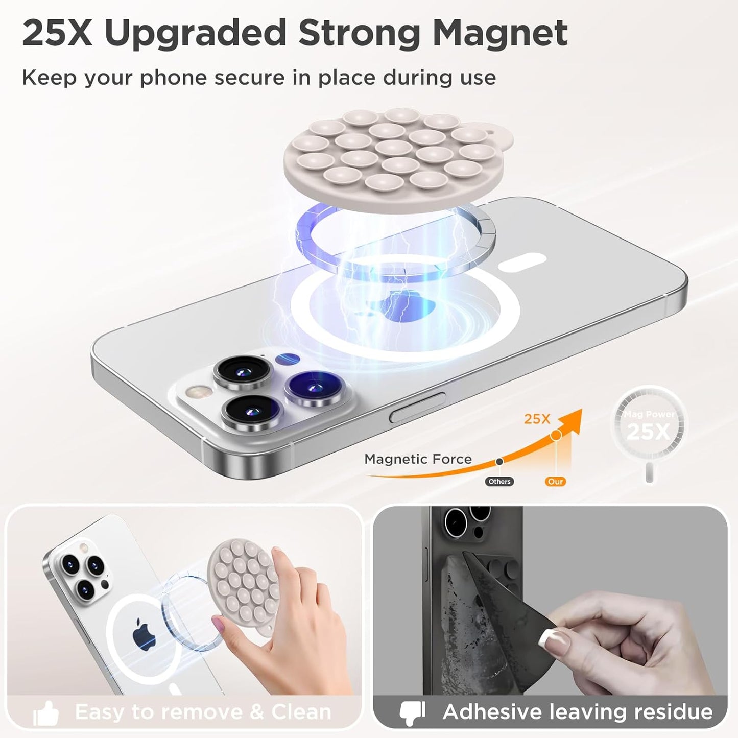 Magnetic Suction Cup Phone Mount for MagSafe Case, Silicone Hands-Free Grip Holder for iPhone and Android, Mirror Shower Phone Stand for Makeup FaceTime Gym Kitchen Bathroom, Stone
