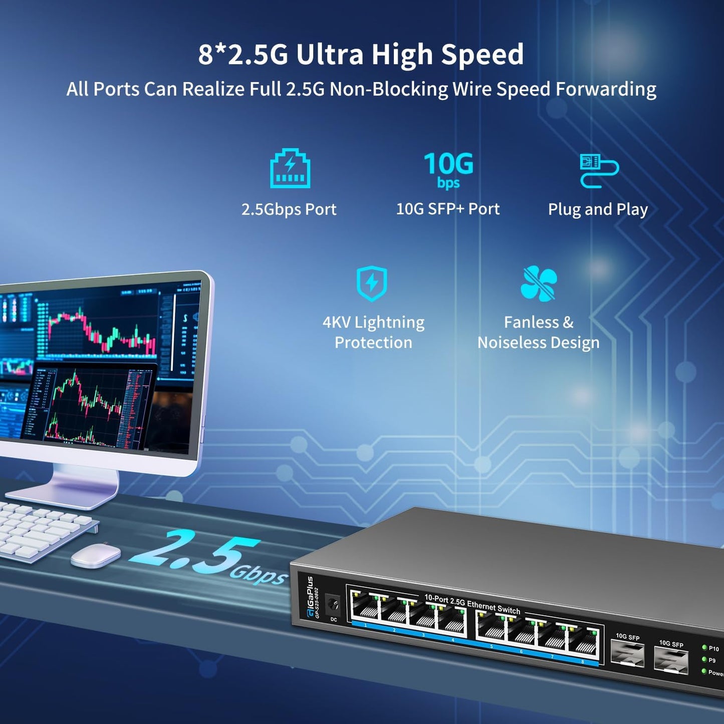 10 Port 2.5Gb Unmanaged Ethernet Switch with 8* 2.5G Base-T Ports, 2* 10G SFP+ Ports. GiGaPlus 2.5Gbps Network Switch for 2.5Gbps NAS/PC, WiFi6 Router, Wireless AP. Fanless Design, Plug and Play