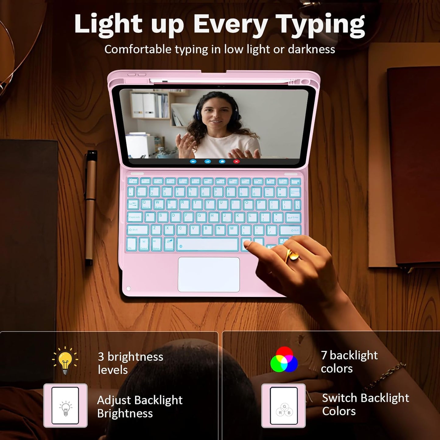 MoKo Touch Keyboard Case for iPad (A16) 11th Generation 11 inch 2025, iPad 10th Generation 10.9 inch Case with Pencil Holder, 7 Colors Backlit Multi-TrackPad Detachable Bluetooth Keyboard, Pink Marble