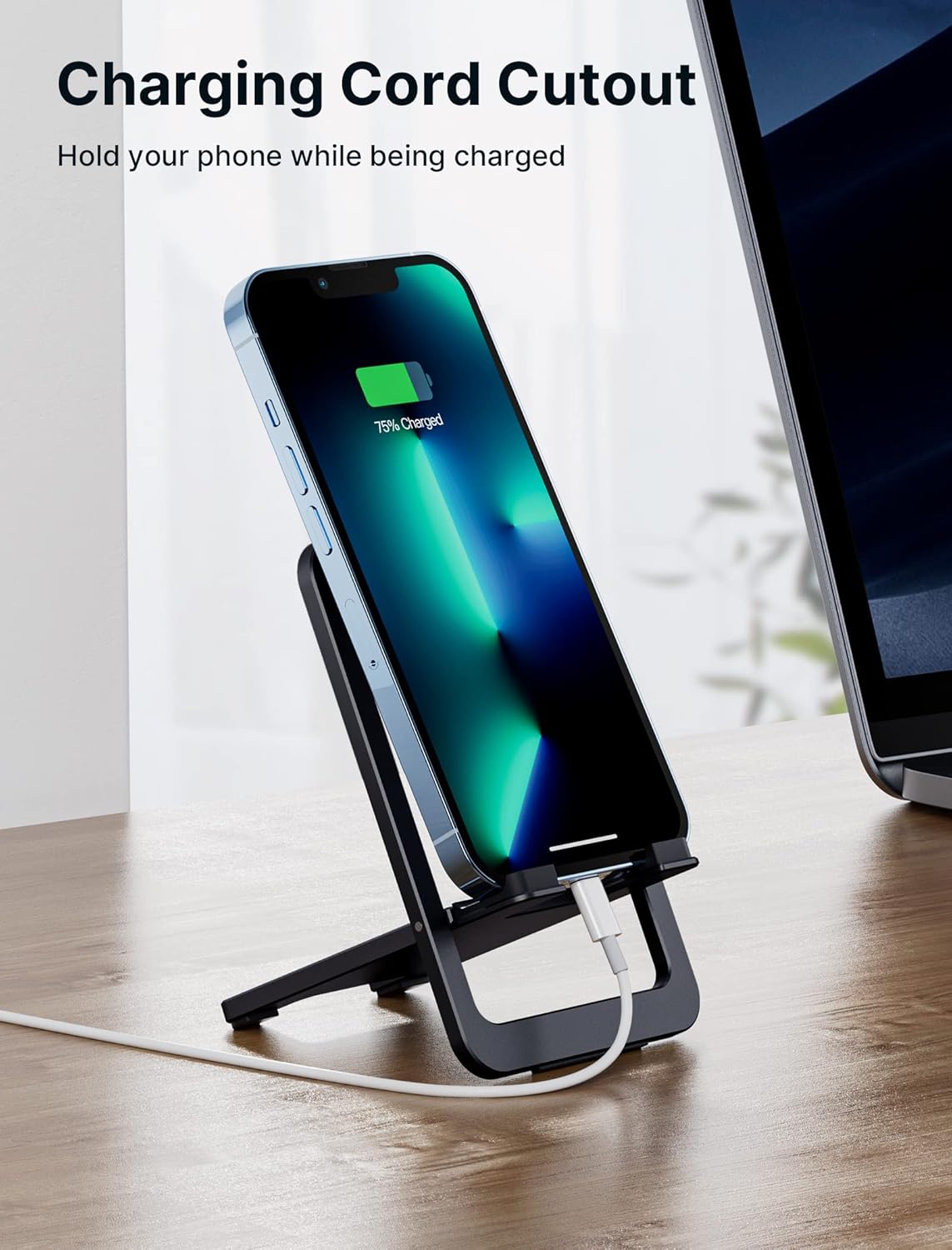 JSAUX Cell Phone Stand, Foldable Aluminum Adjustable Phone Holder for Desk Portable Travel Holder Office Desk Accessories Compatible with iPhone 15 14 13 12 11 Pro Max X Samsung S24 S23 Steam Black