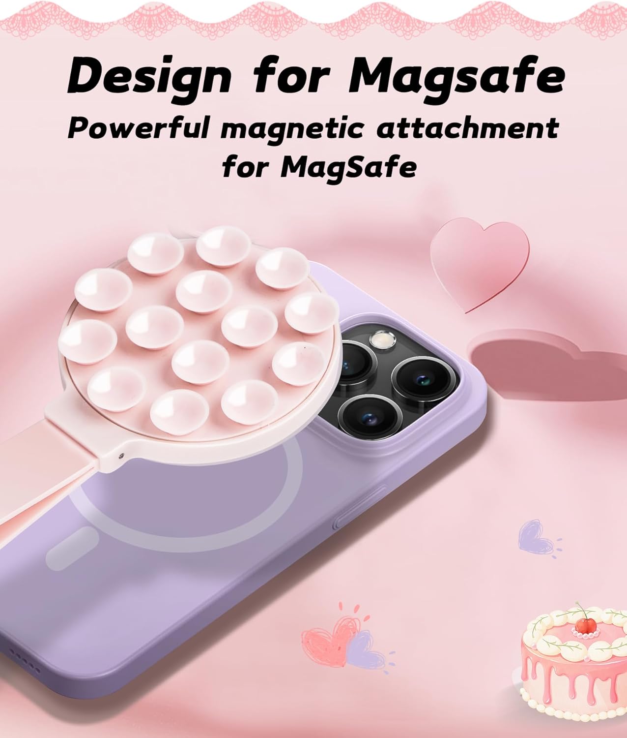 Magnetic Suction Phone Case Mount, Silicone Suction Cup Grip Stand for MagSafe Case, Hands-Free Phone Holder for iPhone 16/15/14 Pro Max, TikTok Videos, Selfies, Women Gift (Light Pink)911001A (Pink)