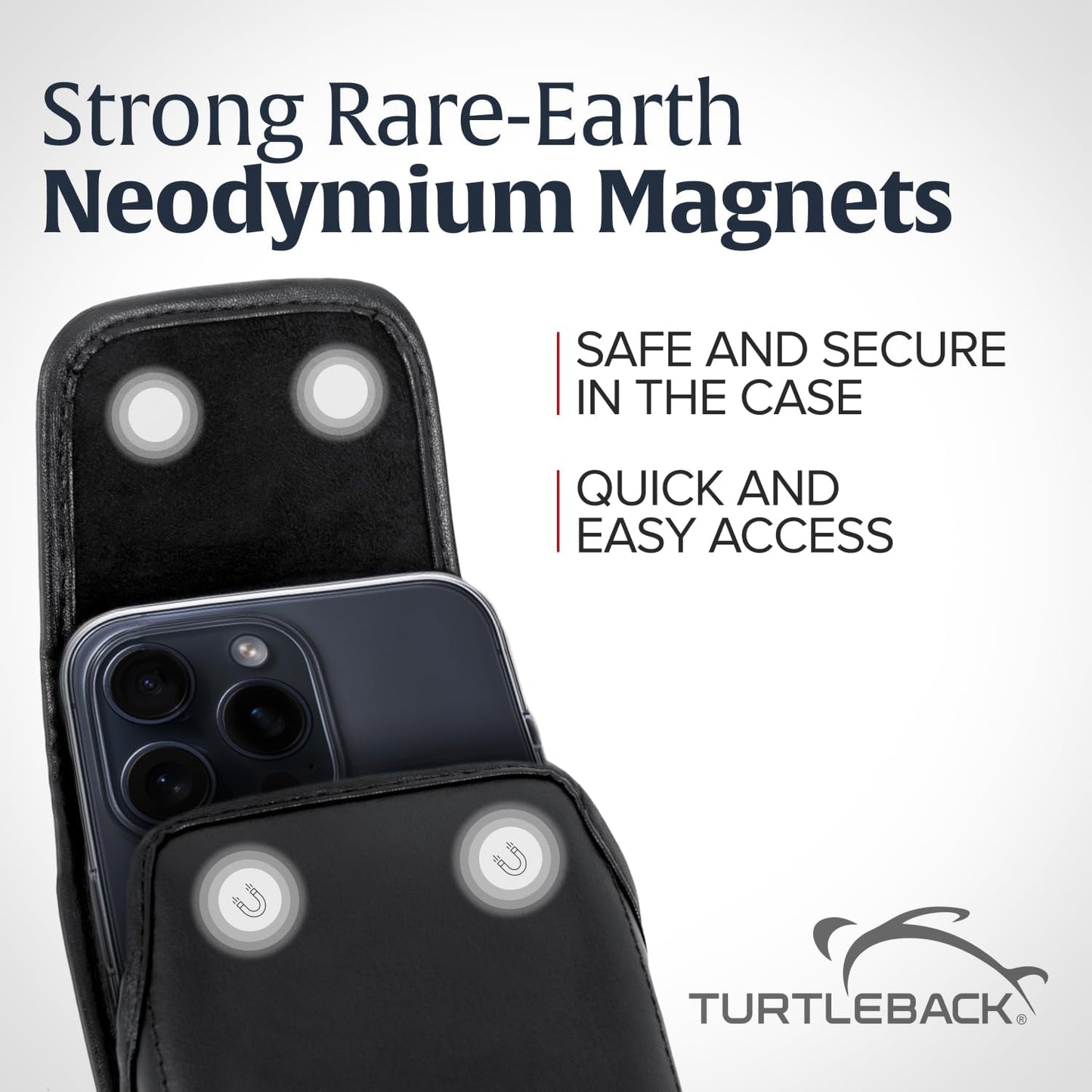 Turtleback Belt Holder for iPhone 16 Pro, 16e, 15 Pro 14 Pro 13 Pro -Small- Fits w/Slim MagSafe Style Cases, Premium Black Leather Vertical Belt Holster Magnetic Closure Leather Wrapped Belt Clip