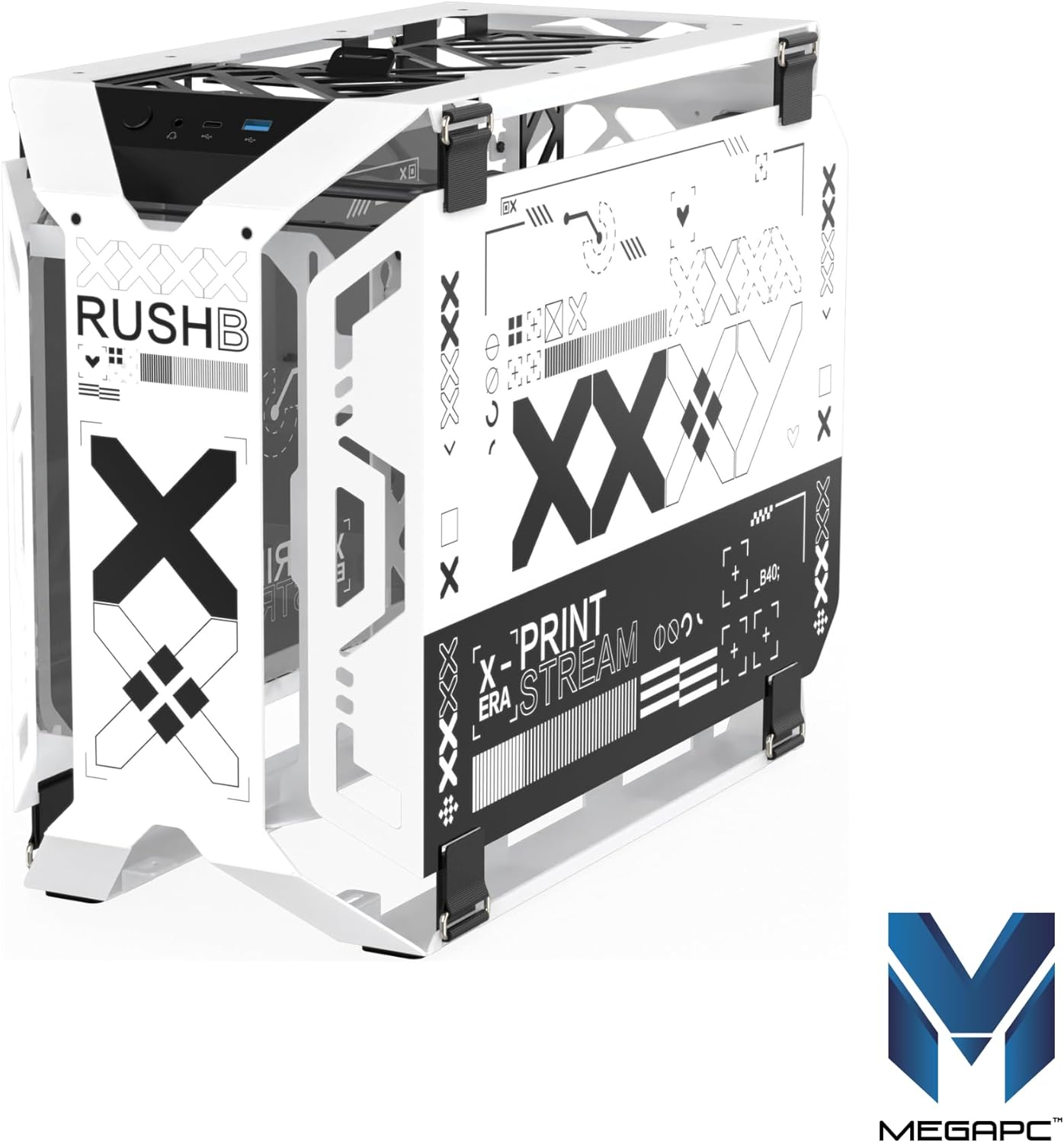 MegaPC X-Era Open-Frame Mid-Tower Micro-ATX/Mini-ITX Gaming Case – Tempered Glass Panels, High Airflow, ARGB Lighting, USB-C Port (Black/White/Print Stream, with Fans Only)
