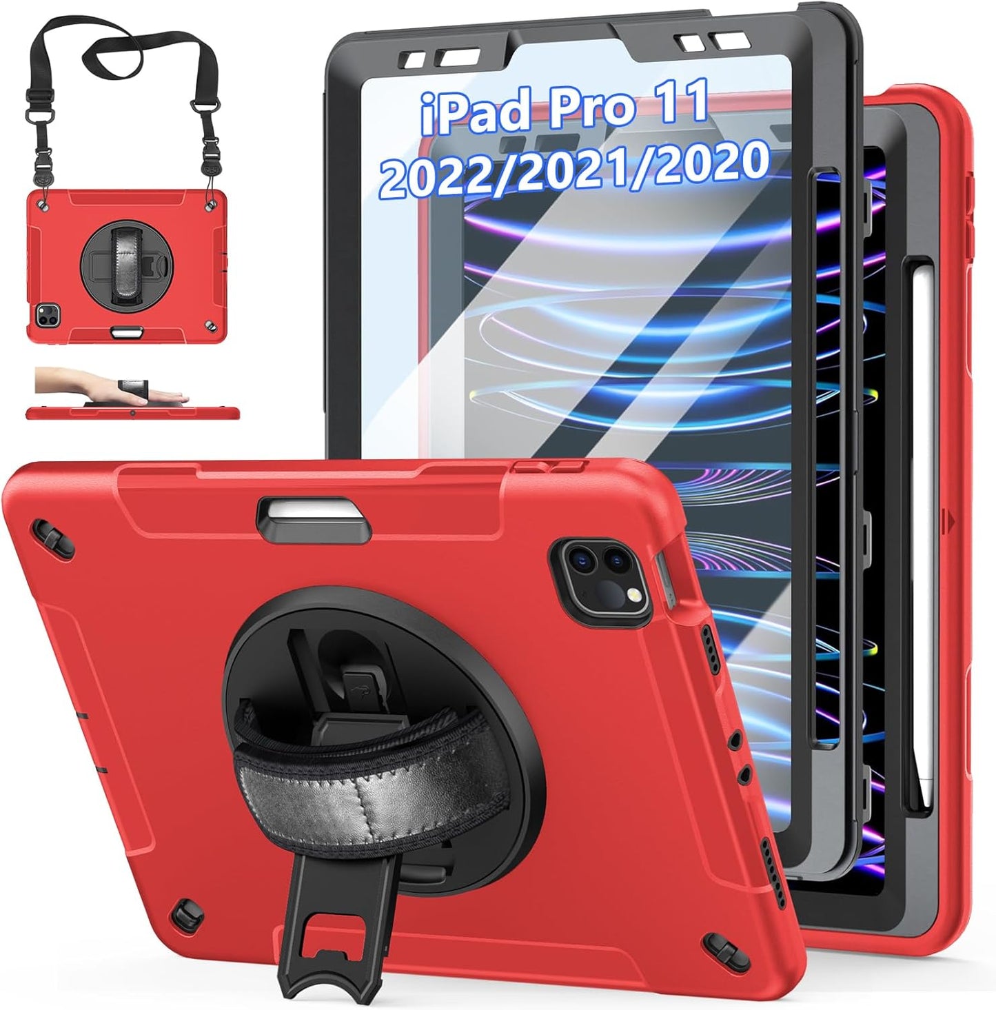 Case for iPad Pro 11 Inch 2022/2021/ 2020/2018: Cover for iPad 11 Inch 4th/ 3rd/ 2nd/ 1st Generation with Screen Protector- Stand- Handle- Shoulder Strap- Pencil Holder Red