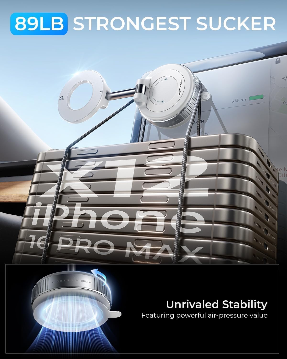 MRGLAS 2025 Upgraded Vacuum Magnetic Phone Holder, for Magsafe Suction Cup Phone Mount Car Truck Accessories for Women Men [89+LBS Suction & 2800gf Magnetic], 360° Adjustable