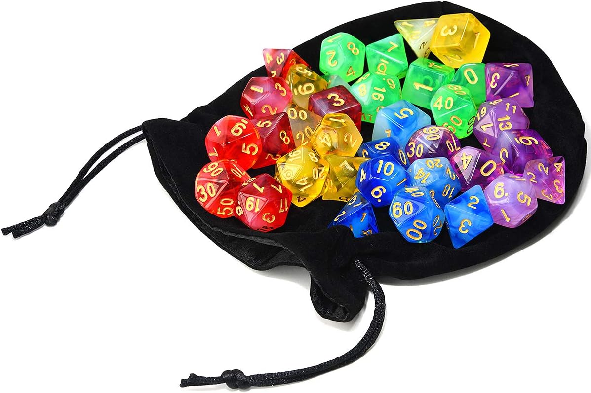 Assorted 5 Colors Polyhedral Dice Set Translucent with Black Drawstring Bag Great for Dungeons and Dragons DND RPG MTG Table Games